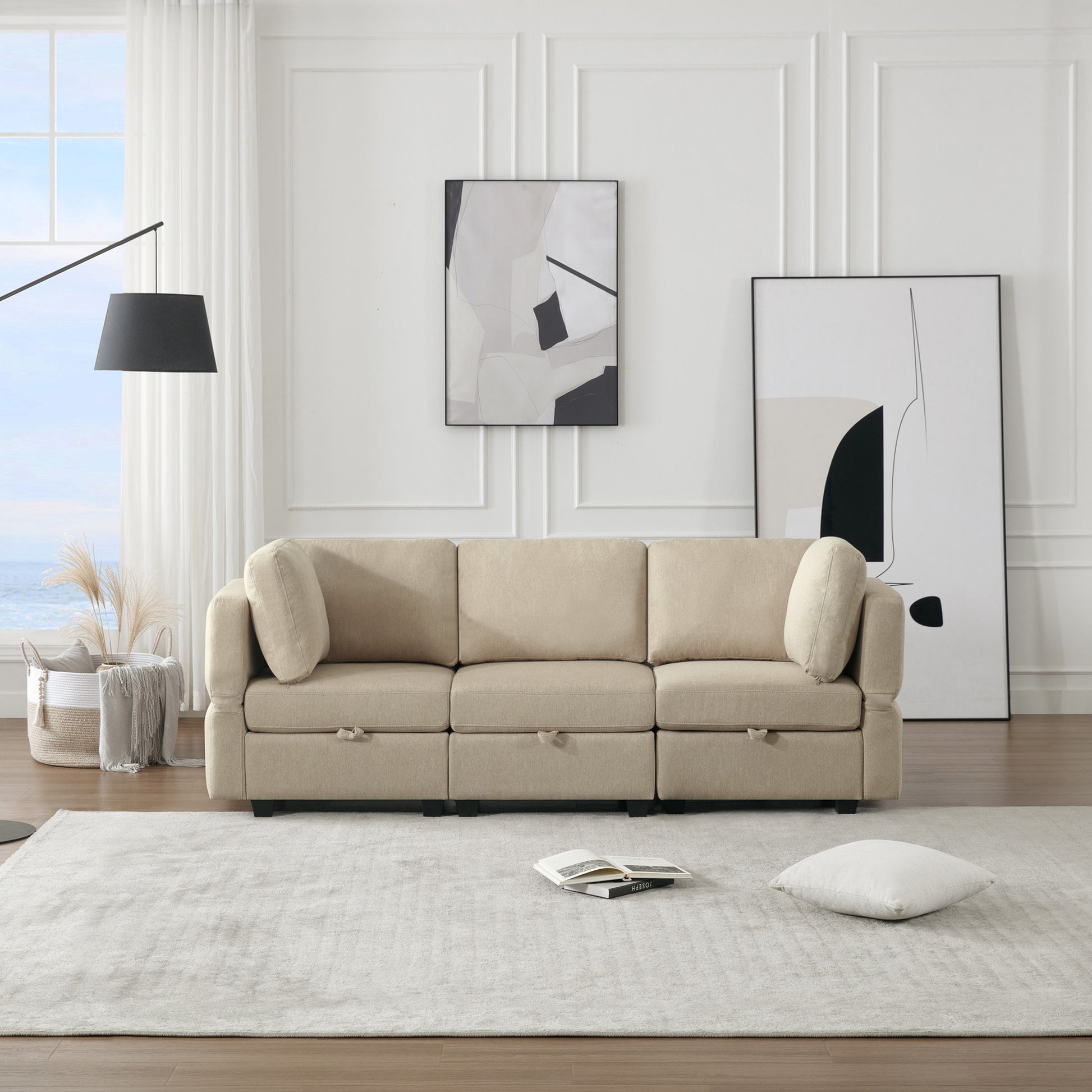 Oversized Modular Sectional Convertible Fabric Sofa Set,Extra Large Sectional Storage Seat Couch For Living Room, 3 Seat Modern Modular Sofa Beige Beige Polyester 3 Seat