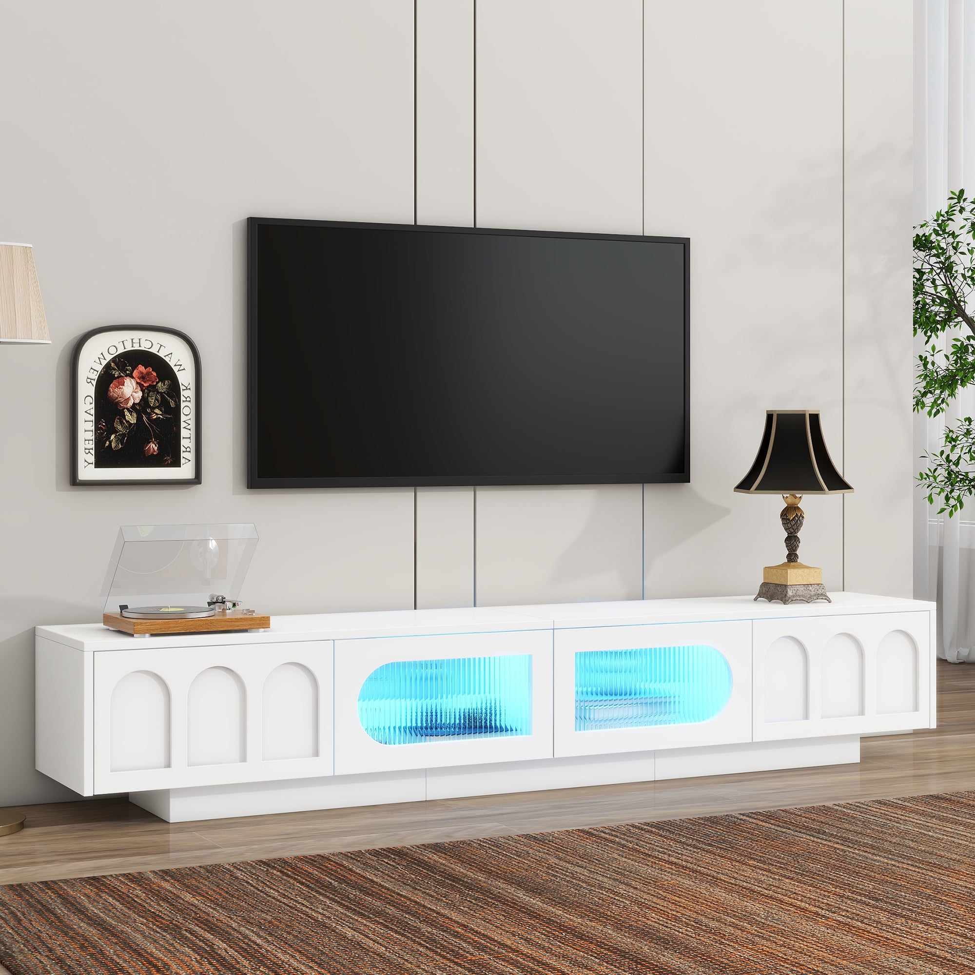 Tv Stand With Fluted Tempered Glass Doors For Tvs Up To 95'', Functional Media Console With Arched Cabinet Doors, Entertainment Center With App Controlled Led Light For Living Room, White White Primary Living Space 90 Inches Or Larger 90 Inches Or Larger