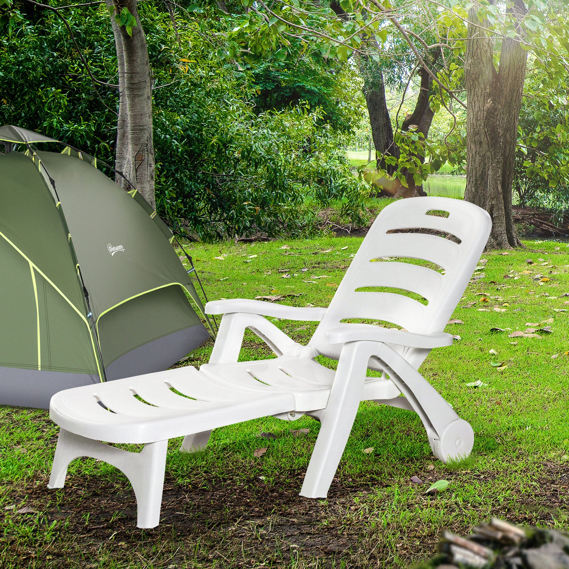 Outsunny Outdoor Chaise Lounge, 5 Level Adjustable Backrest Lounge Chair With Wheels, Folding Tanning Chair For Pool, Beach, Patio, Garden, White White Polypropylene