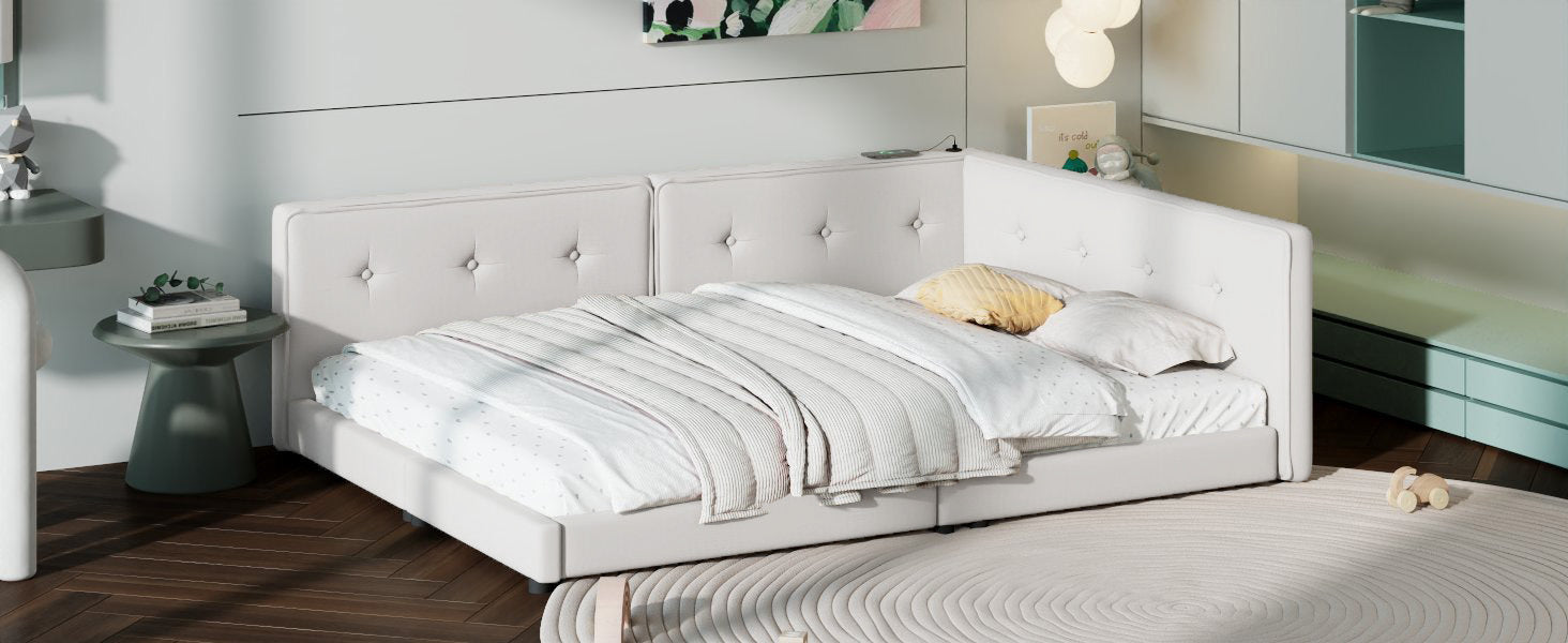 Upholstered Full Size Platform Bed With Usb Ports, Beige Full Beige Linen
