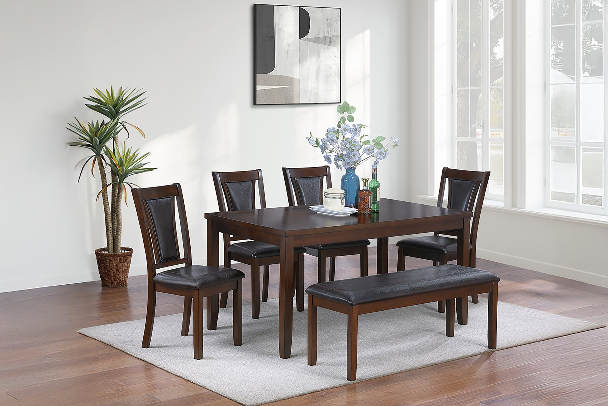 Beautiful Dining Room Furniture Walnut Black 6Pcs Set Dining Table 4X Side Chairs Bench Unique Design Back Chair Brown Wood Dining Room Bench Seating Rectangular Dining Table With Chair And Bench