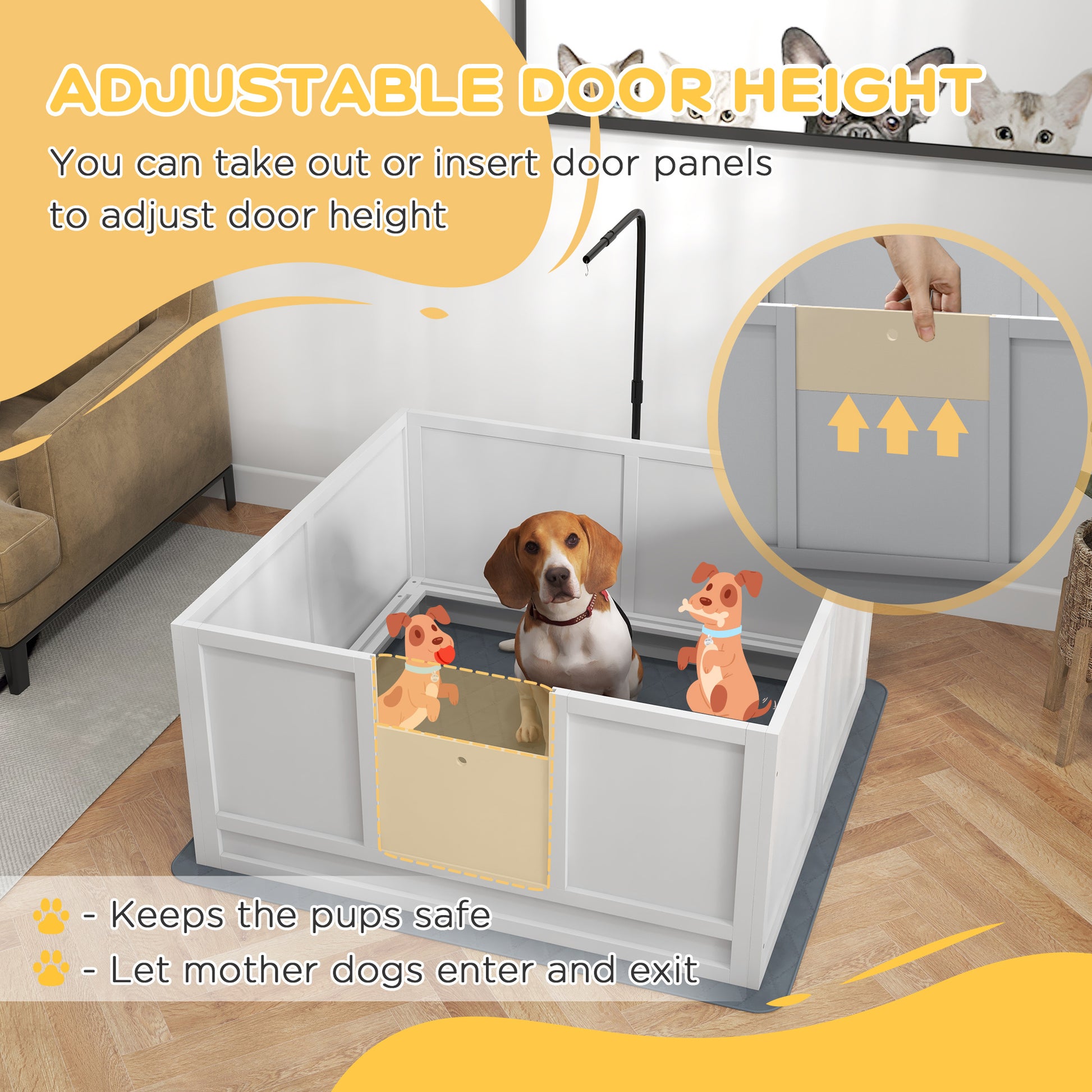 Pawhut Whelping Box For Dogs With Retractable Light Stand, Birth Dog Whelping Box For Puppies With Pig Rail, Pee Padadjustable Height Door For Small, Medium & Large Breed Dogs, 41" X 39" White Wood