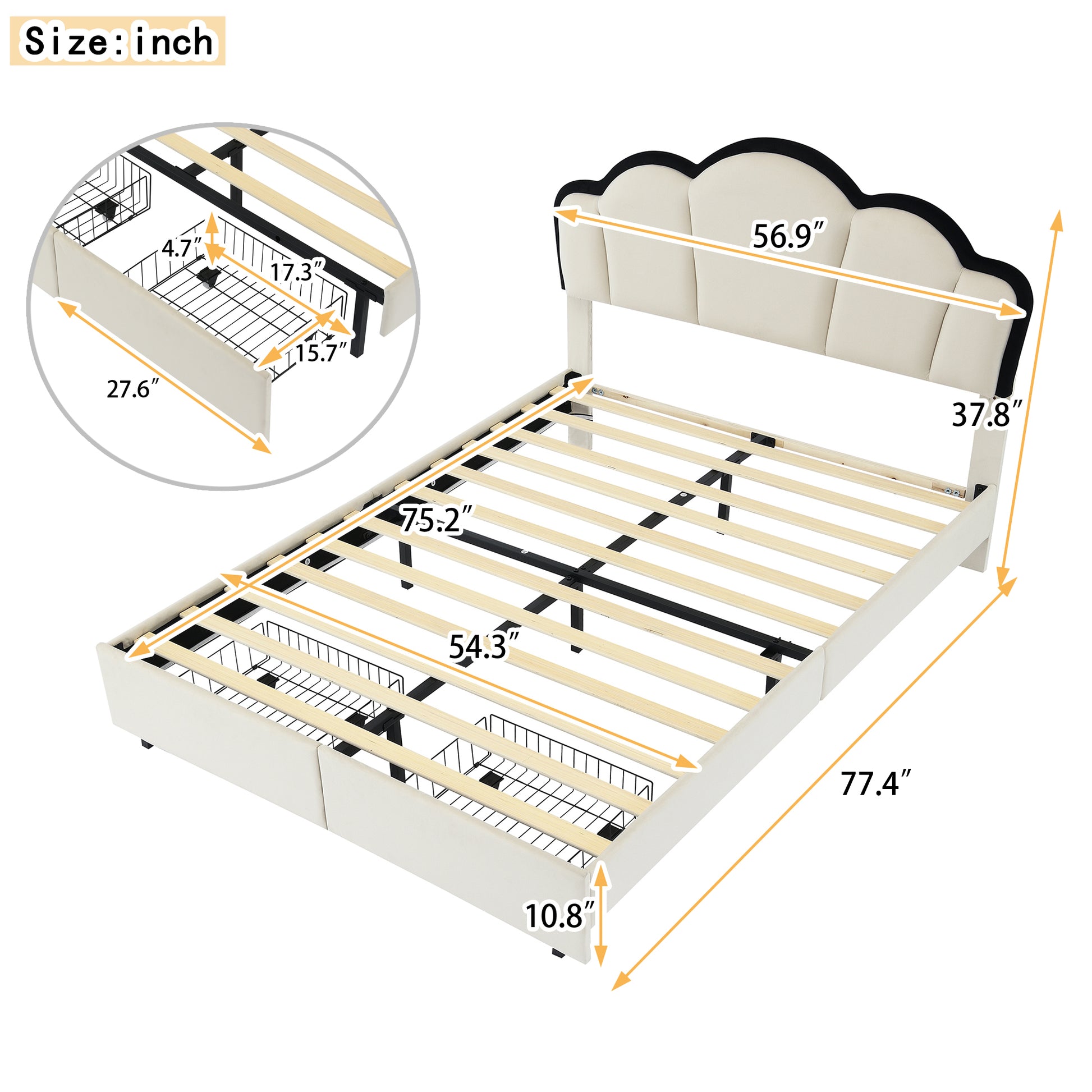 Full Size Upholstered Princess Platform Bed With Led And 2 Storage Drawers, Beige Box Spring Not Required Full Beige Wood Bathroom Bed Frame Velvet Upholstered