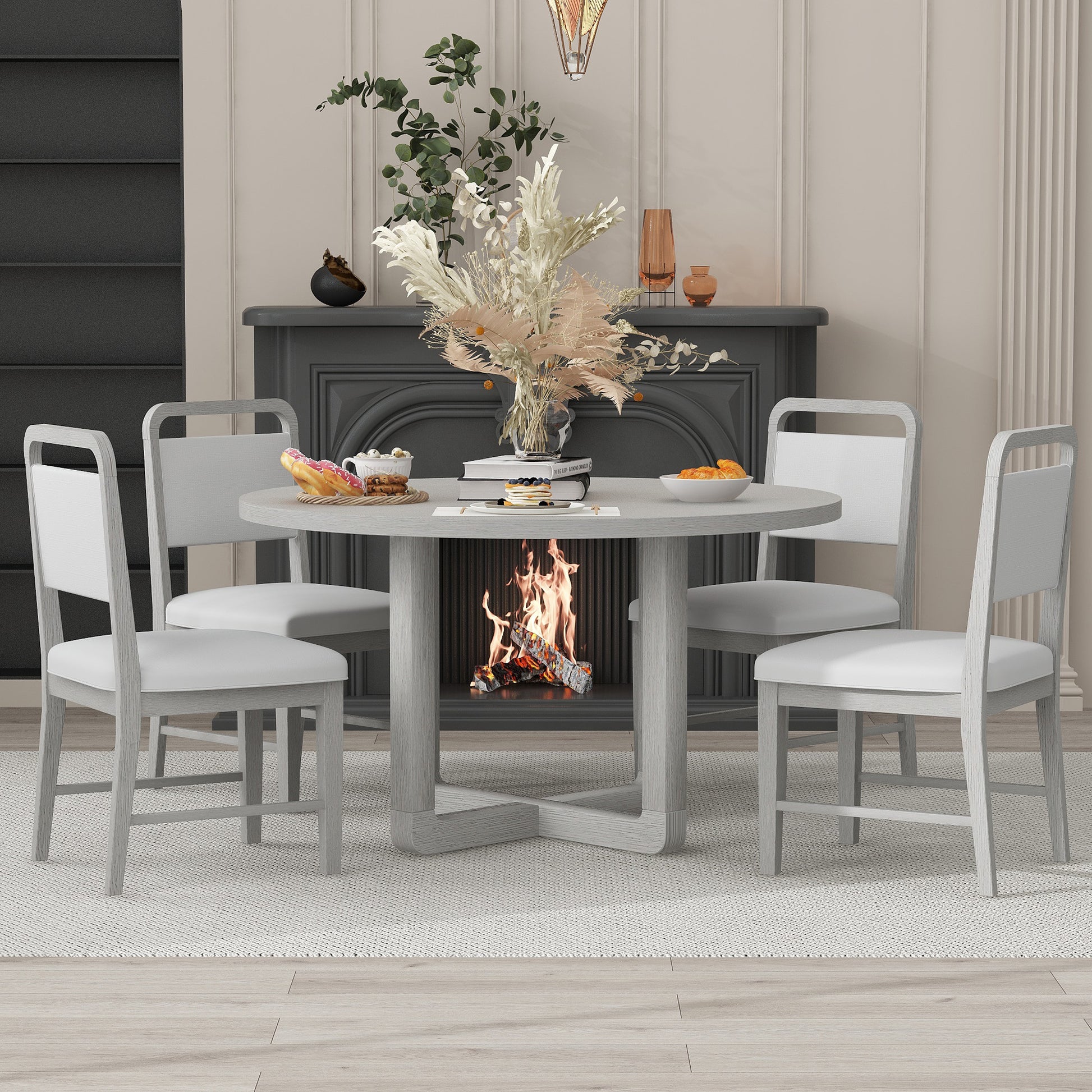 5 Piece Retro Dining Set, Round Table Top With Radial Wood Grain Design And 4 Upholstered Chairs For Dining Room And Kitchen Antique Gray Antique Gray Solid Wood Mdf