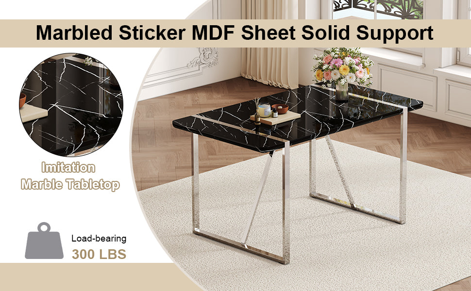 Table And Chair Set.A Rustic Industrial Rectangular Mdf Black Dining Table With Mdf Desktop And Electroplated Silver Metal Legs.Paried With 4 Chairs With Pu Cushion And Metal Legs. White Black Seats 4 Mdf Metal
