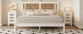 3 Pieces Bedroom Sets Queen Size Wooden Platform Bed With Natural Rattan Headboard, Nightstands Set Of 2 With Rattan Woven Surfaces And Three Drawers For Bedroom, White White Particle Board