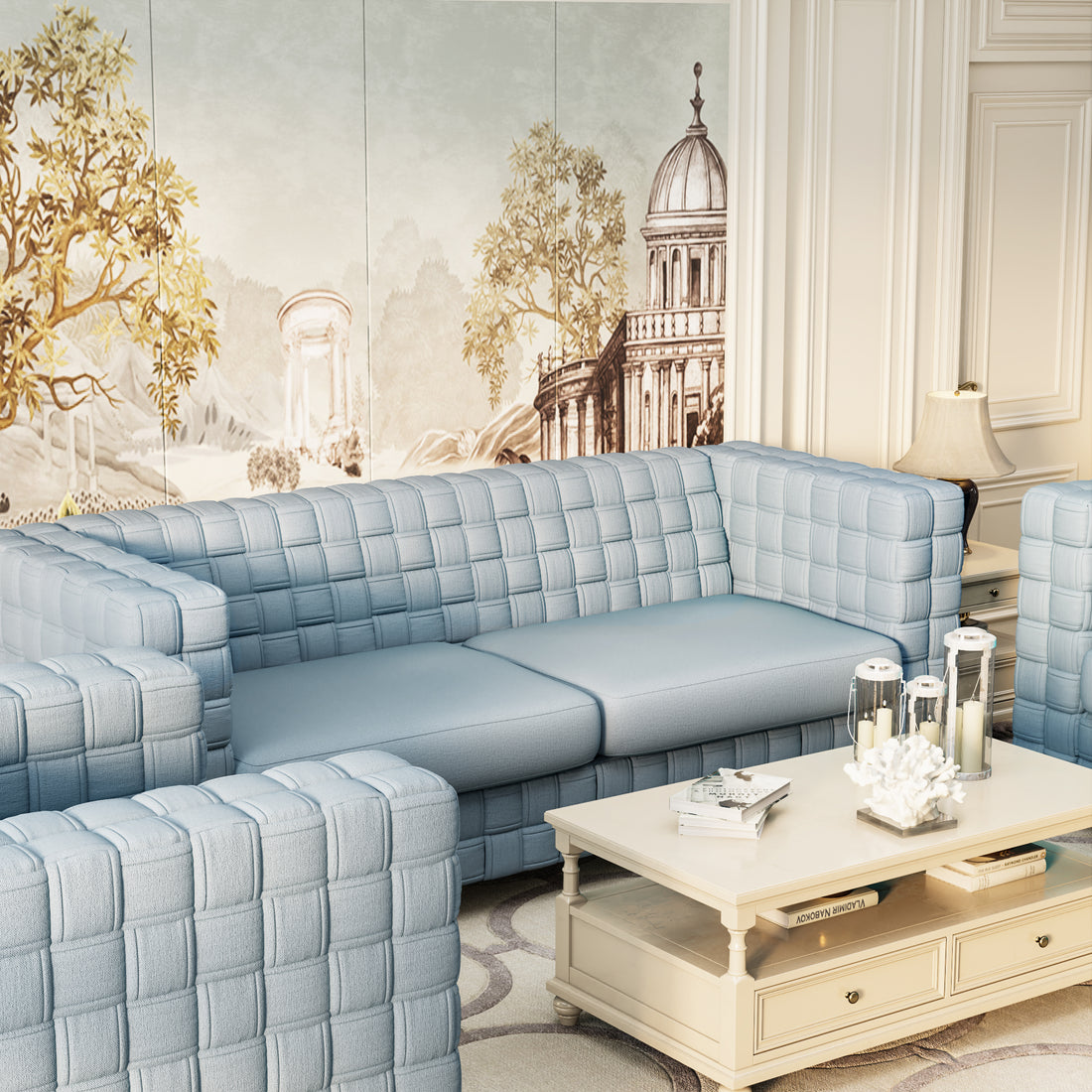 Fx D1 Sofa Set Include Chair Loveseat And Sofa Light Blue Colorlinen & White Color Sofa Legs Light Blue Fabric 6 Seat