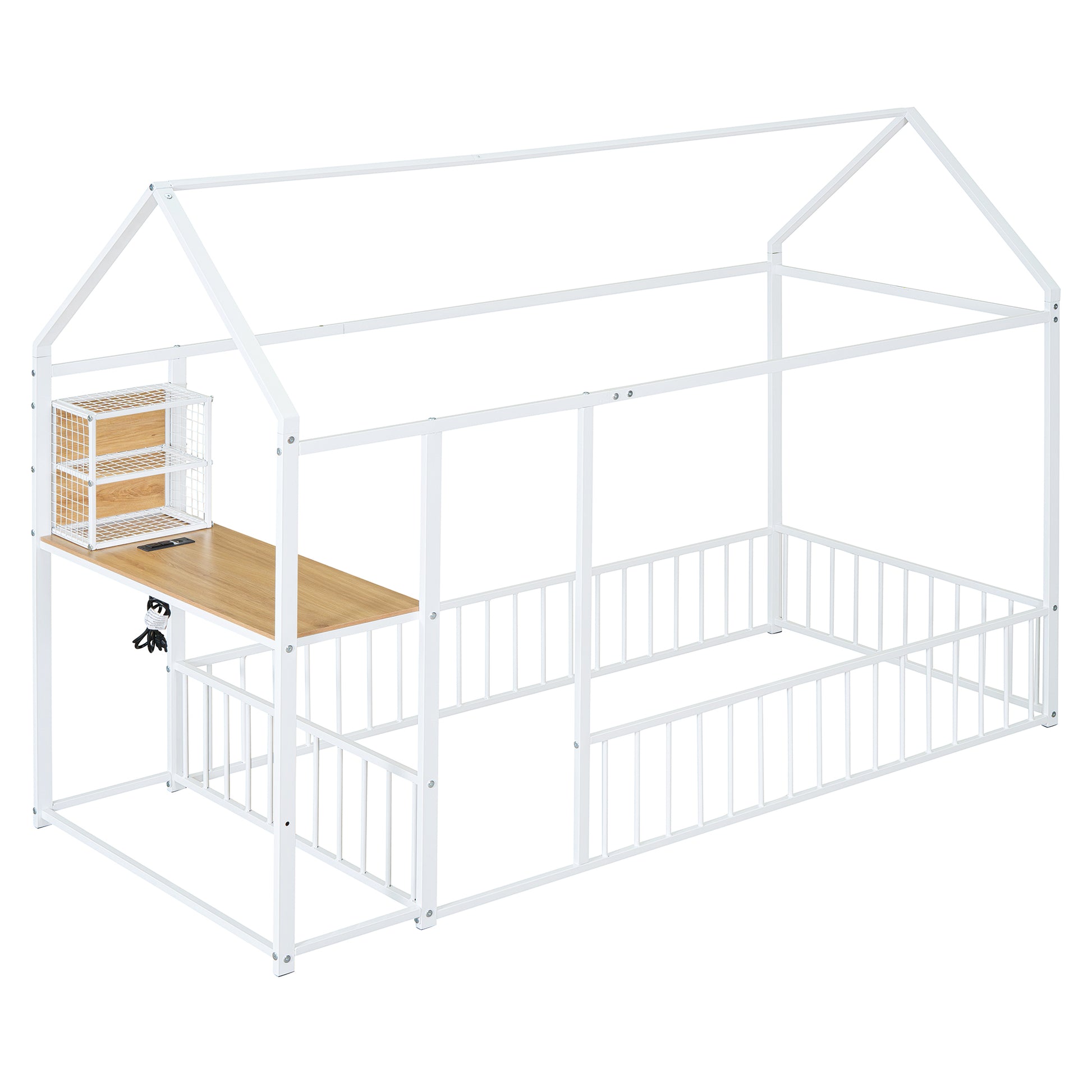 Twin Size Metal Bed House Bed Frame With Desk, Shelves, Power Outlets And Usb Ports, White Twin White Metal