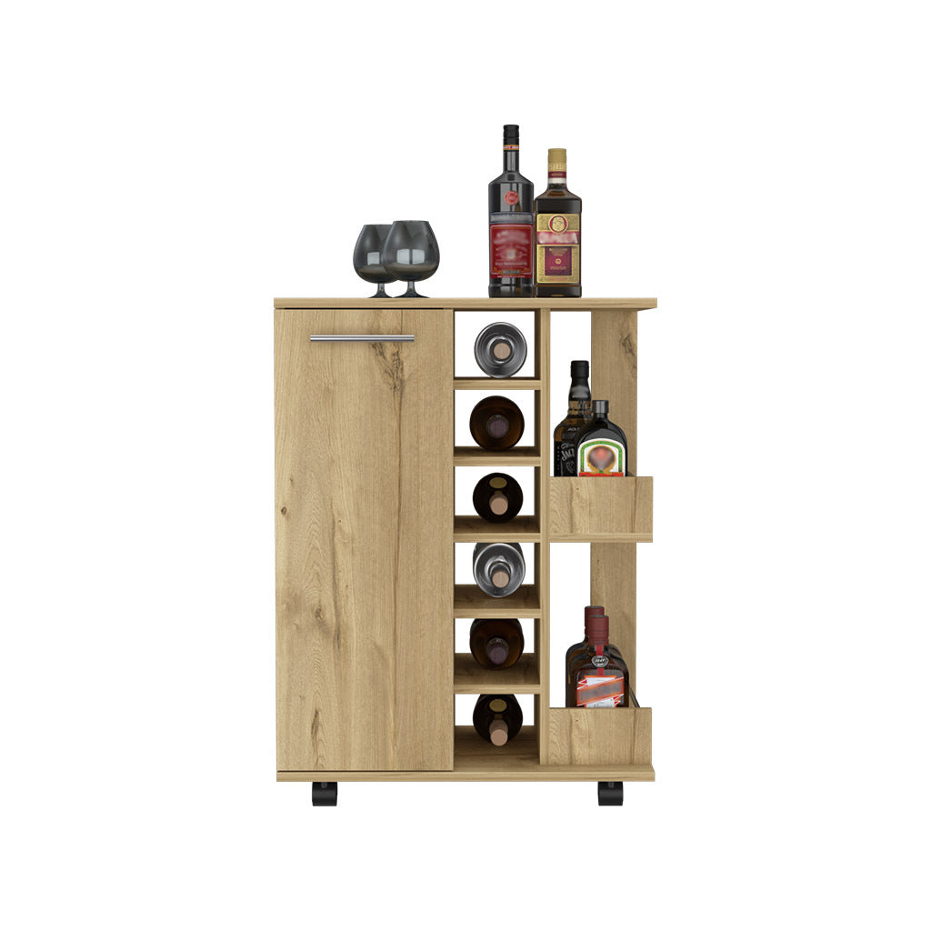 32" H Light Oak Bar Coffee Cart, Cabinet Storage, With 4 Wheels, 1 Divided Storage With 1 Shelf, 1 Folding Door, A Central Vertical Division For 6 Bottles And 2 Side Shelves With Aluminum Front Beige Particle Board Particle Board