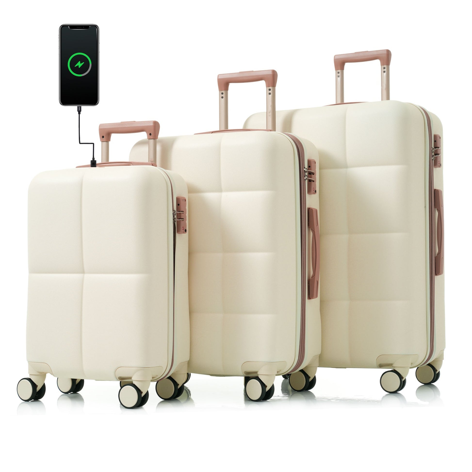 Luggage Set Of 3, 20 Inch With Usb Port, Airline Certified Carry On Luggage With Cup Holder, Abs Hard Shell Luggage With Spinner Wheels, White Beige Gold Abs