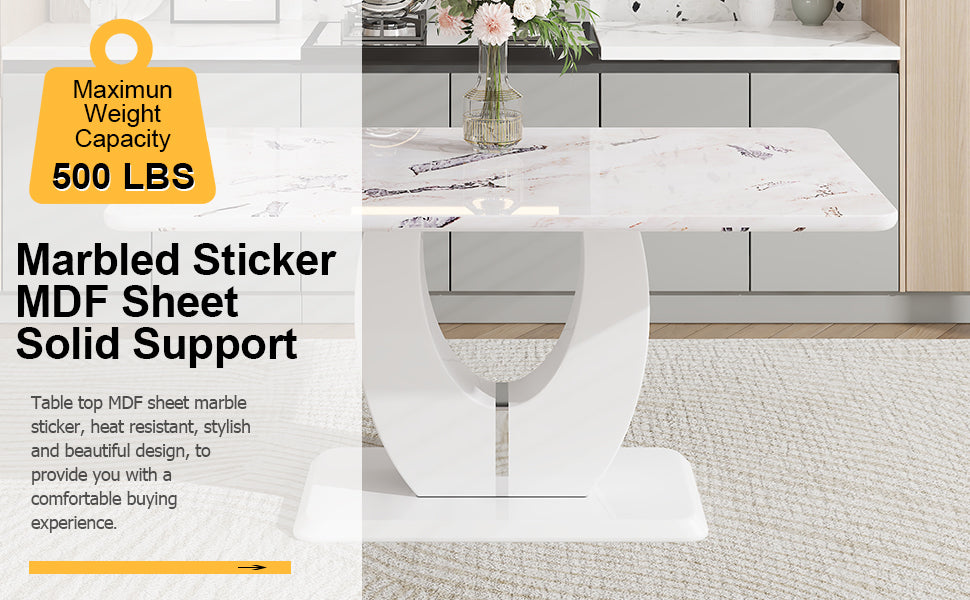 Table And Chair Set, Modern Luxurious White Imitation Marble Pattern Mdf Dining Table,Rectangular Dining Table, Matched With Uniquely Shaped Pu High Backrest Seats,Suitable For Various Occasions. White Black Seats 4 Mdf