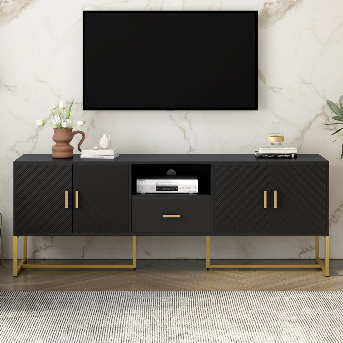 Modern Tv Stand For Tv Up To 70 Inches,Tv Cabinet With 1 Drawer, 2 Cabinets And Metal Legs, Handles And Anti Tip Device For Living Room Black 70 79 Inches Mdf