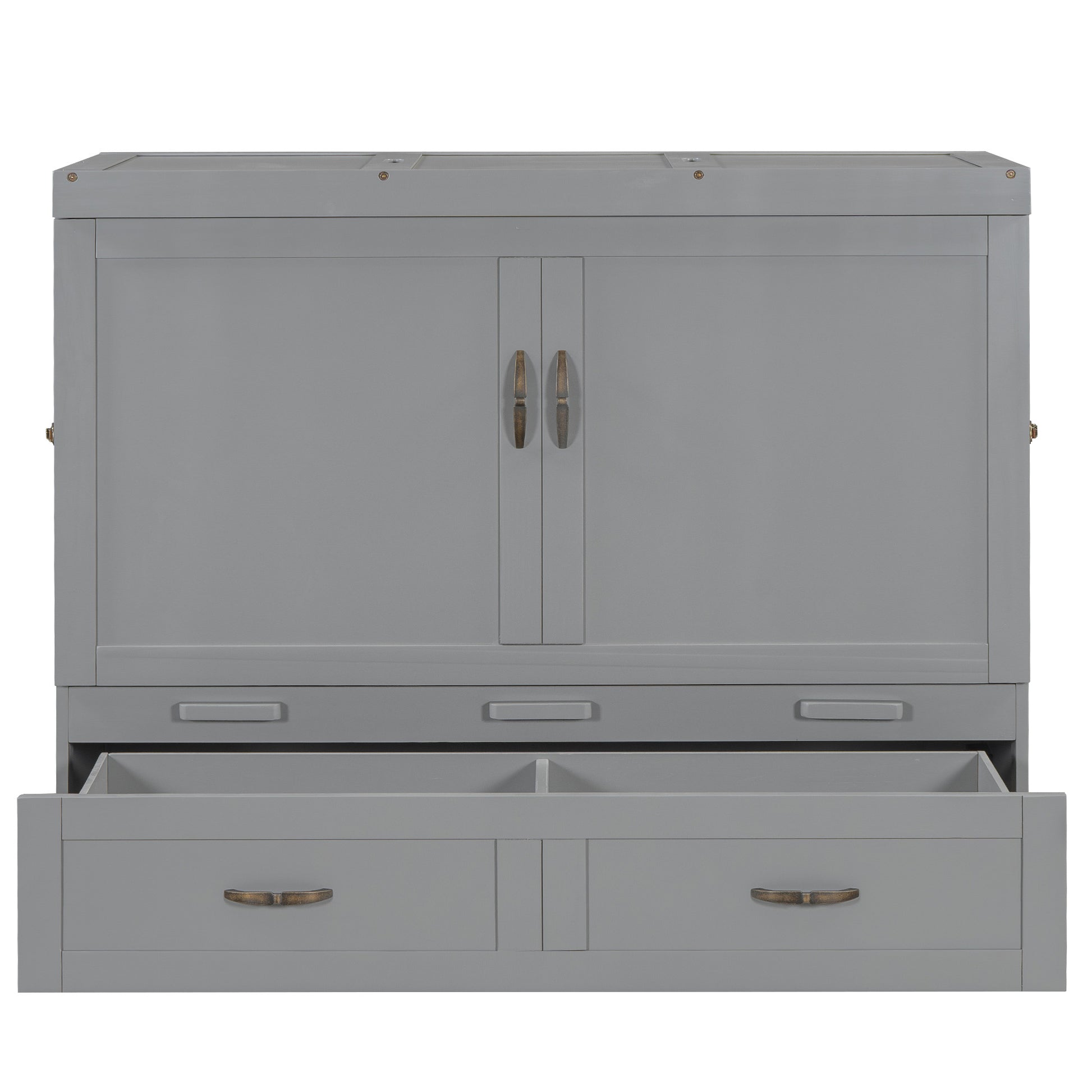 Full Size Murphy Bed With Usb Ports, Large Drawers And Metal Handles,Gray Full Gray Solid Wood Mdf