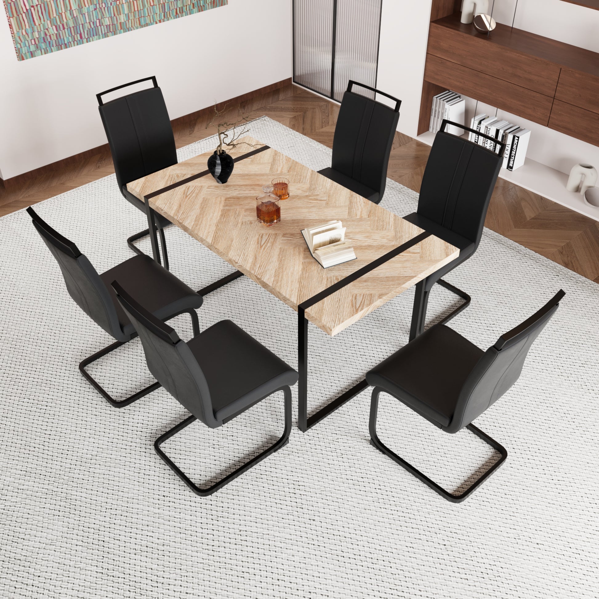 59 "Rural Industrial Rectangular Mdf Light Wood Dining Table Set And Pu Armless Dining Chair Set, 6 Piece. Kitchen Black Metal Table Leg Dining Chair Set Black Brown Mdf