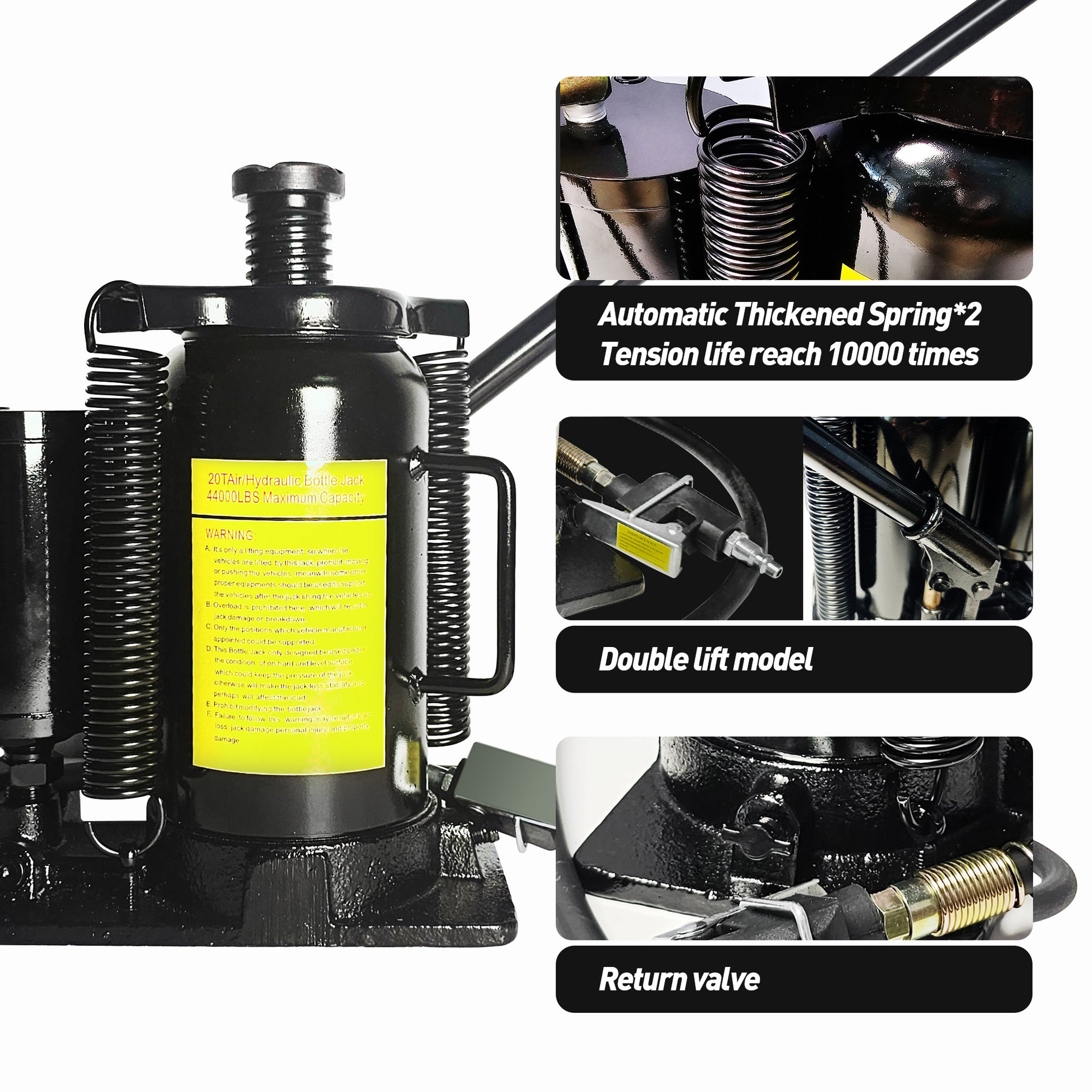 Air Hydraulic Bottle Jack, 20 Ton 40000 Lbs Bottle Jack, 10.23 20.07 Inch Lifting Range, Manual Handle And Air Pump, For Car, Pickup, Truck, Rv, Auto Repair, Industrial Engineering Black Steel