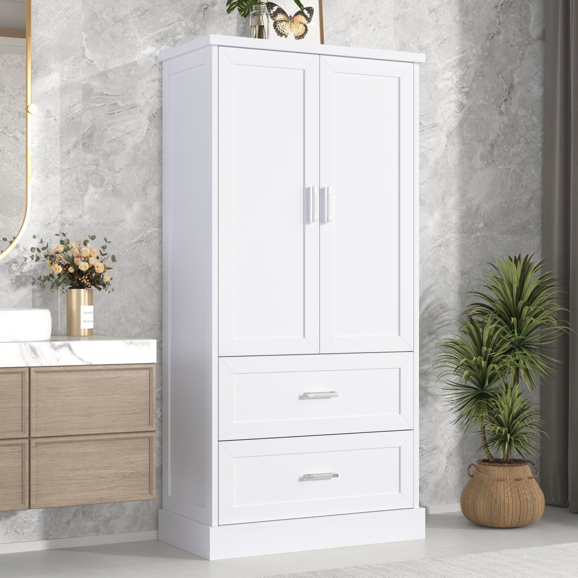 Tall Bathroom Storage Cabinet, Cabinet With Two Doors And Drawers, Adjustable Shelf, Mdf Board, White White Mdf