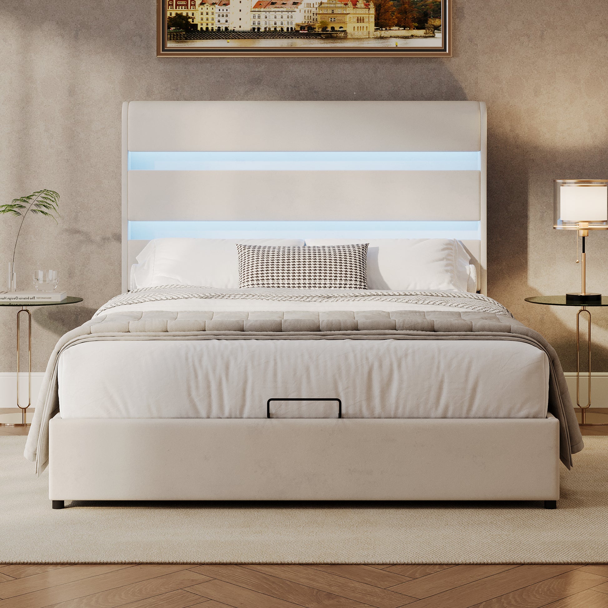 Upholstered Platform King Size Hydraulic Storage Bed, Lift Up Storage Bed With Rgb Led Light Headboard, No Box Spring Needed,Velvet,Beige King Beige Velvet Wood Metal