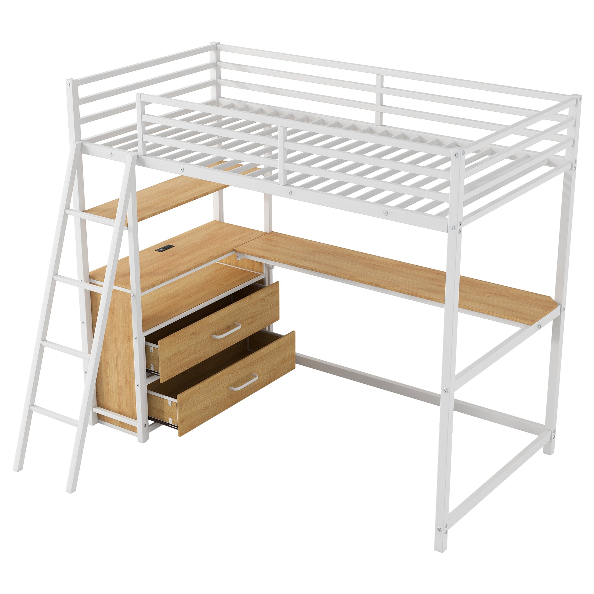 Twin Size Metal&Wood Loft Bed With Desk And Shelves, Two Built In Drawers, Led Light And Usb Charging Station, White Twin Oak Natural Wood Antique White Metal & Wood