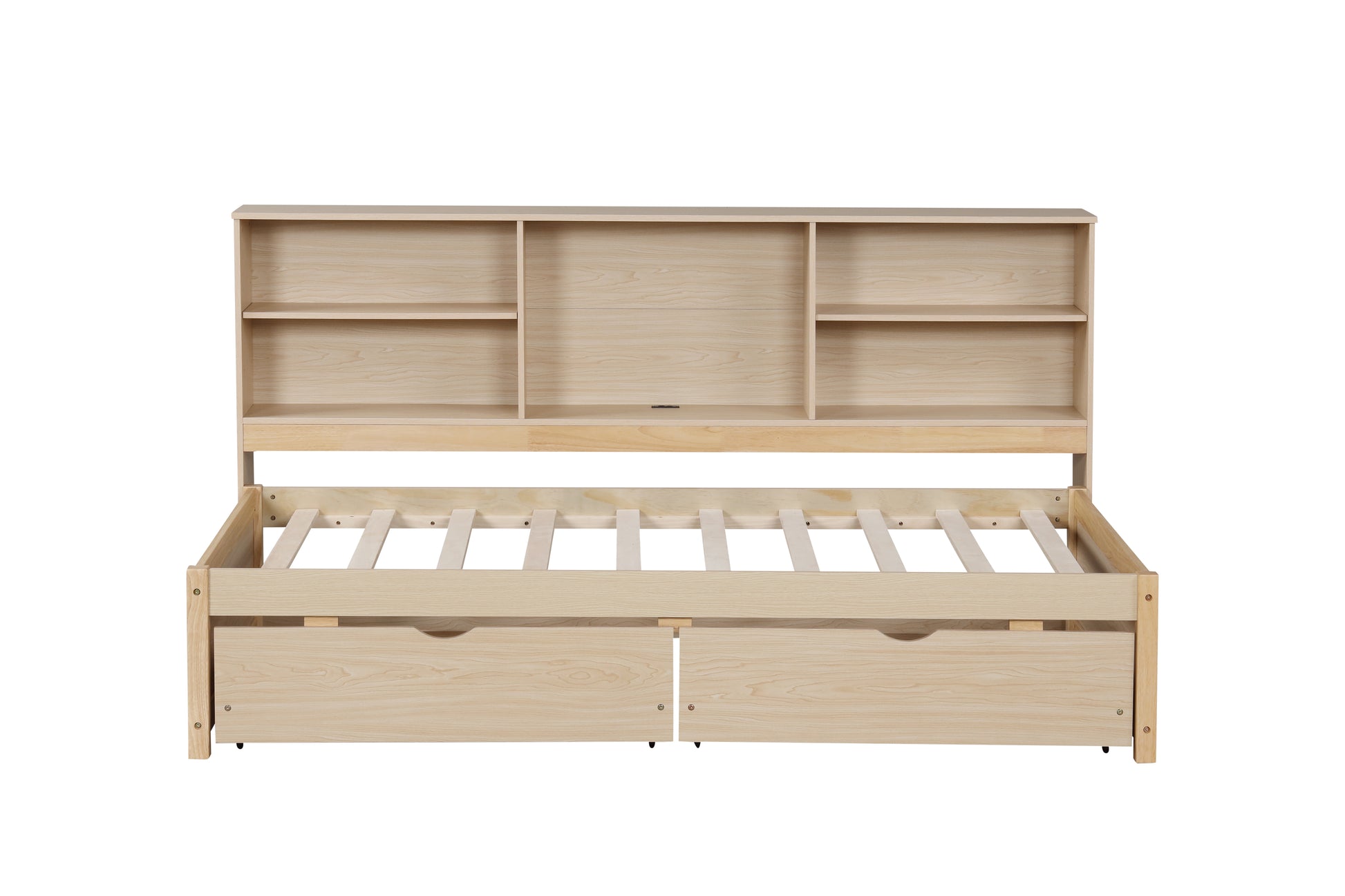 Twin Size Bed Frame With Side Bookshelves, Two Drawers, And Built In Usb Port For Natural Color Box Spring Not Required Twin Natural Bedroom Bookcase Particle Board,Plywood,Rubber Wood