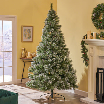 7' Brilste Mixed Hinged Tree With Snow And Glitter And 78 Frosted Pine Cones And Dia:49 Green Pvc