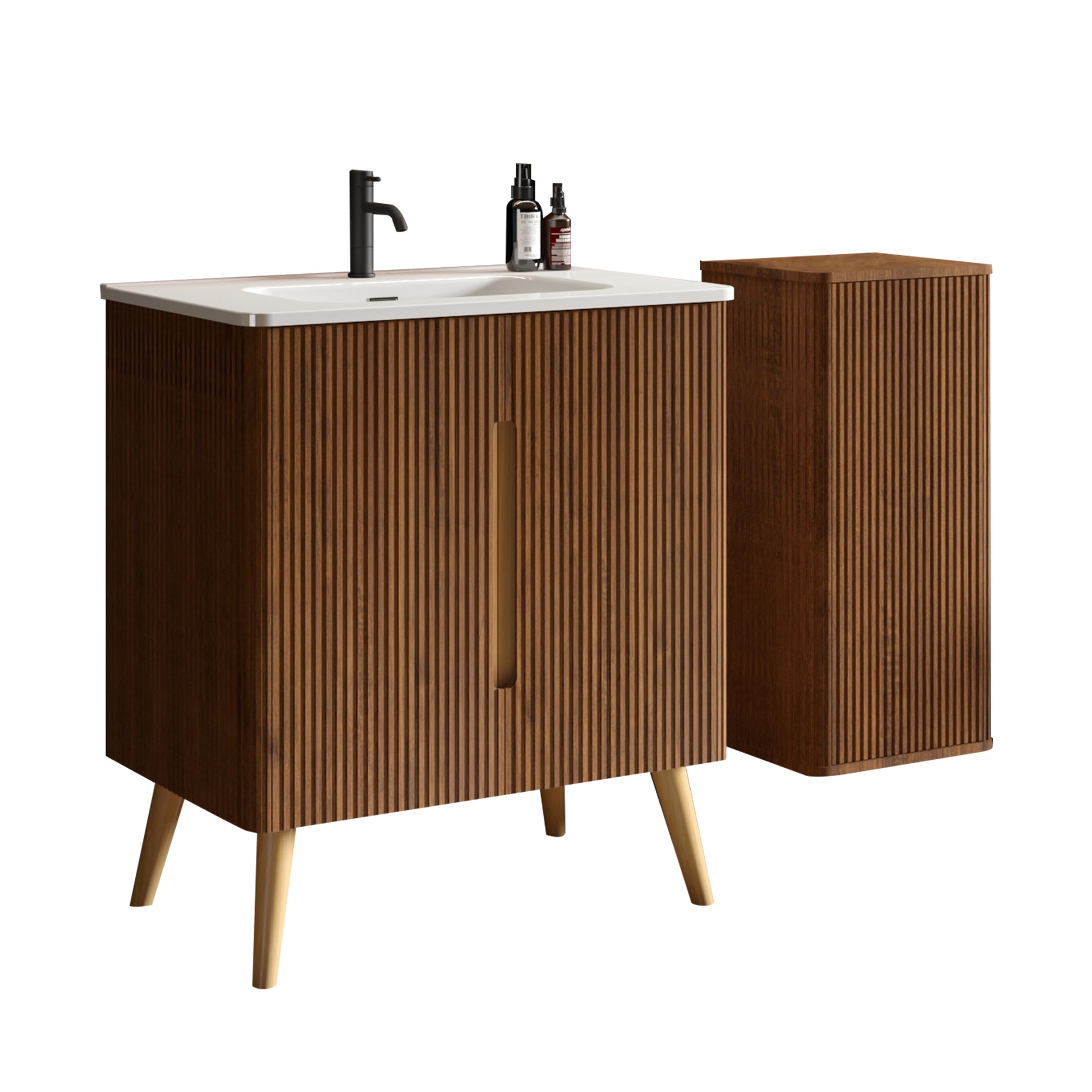 Etna 30" Striped Walnut Bathroom Vanity With Sink & Side Cabinet, Freestanding Vanity & Floating Storage Cabinet Combo For Modern Bathroom, Kd White Walnut Bathroom Modern Plywood Ceramic Mdf