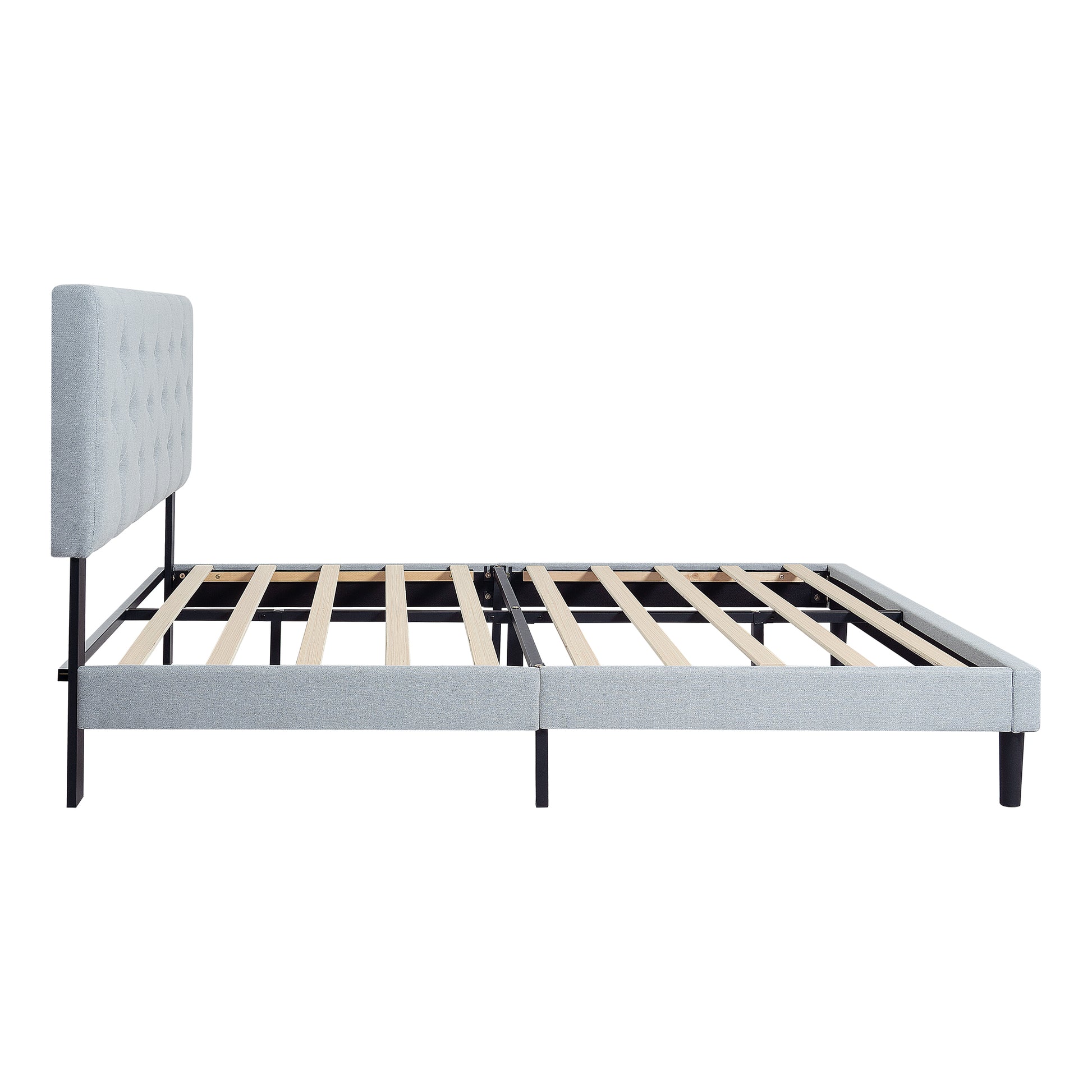 Queen Size Upholstered Platform Bed Frame With Modern Button Tufted Linen Fabric Headboard, No Box Spring Needed, Wood Slat Support, Easy Assembly, Grey Queen Light Grey Linen