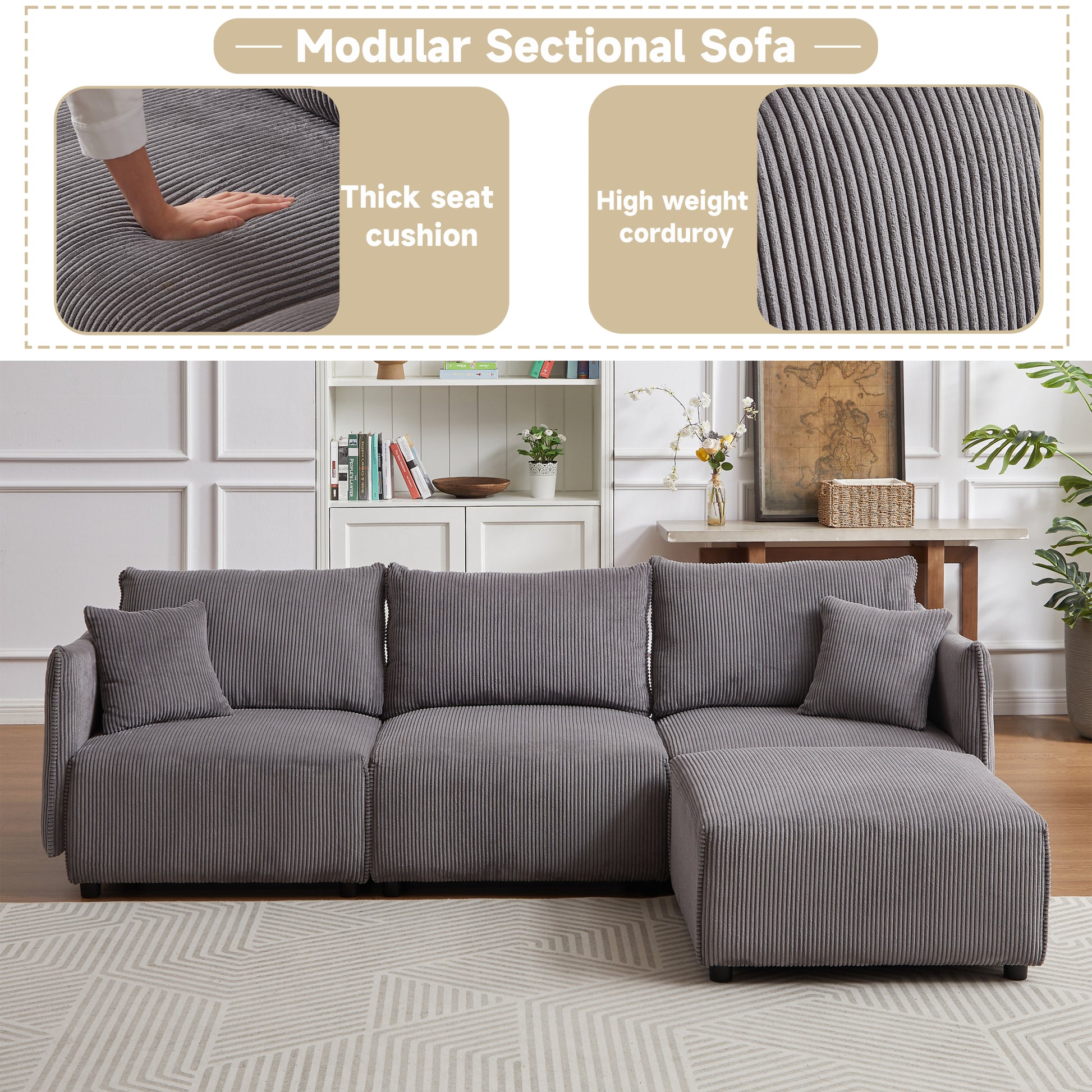 Multi Module Combination Style Sofa For Living Room, Bedroom And Other Lounge Spaces, Modern Minimalist Corduroy Combination Sofa With 2 Comfort Cushions With Usb & C Charging Ports,Gray,Two Sets Gray Foam Fabric 8 Seat