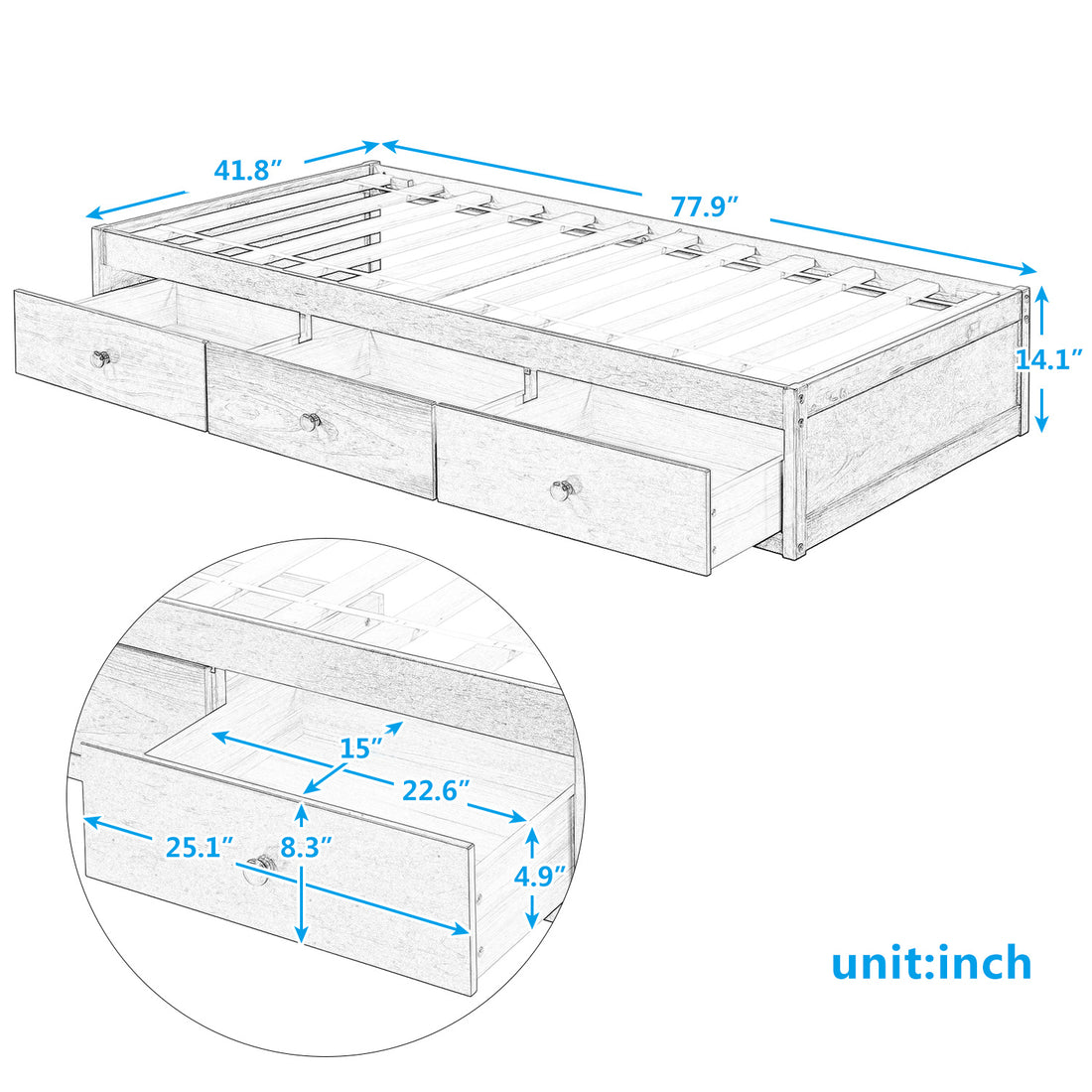 Twin Size Platform Storage Bed With 3 Drawers,White White Solid Wood