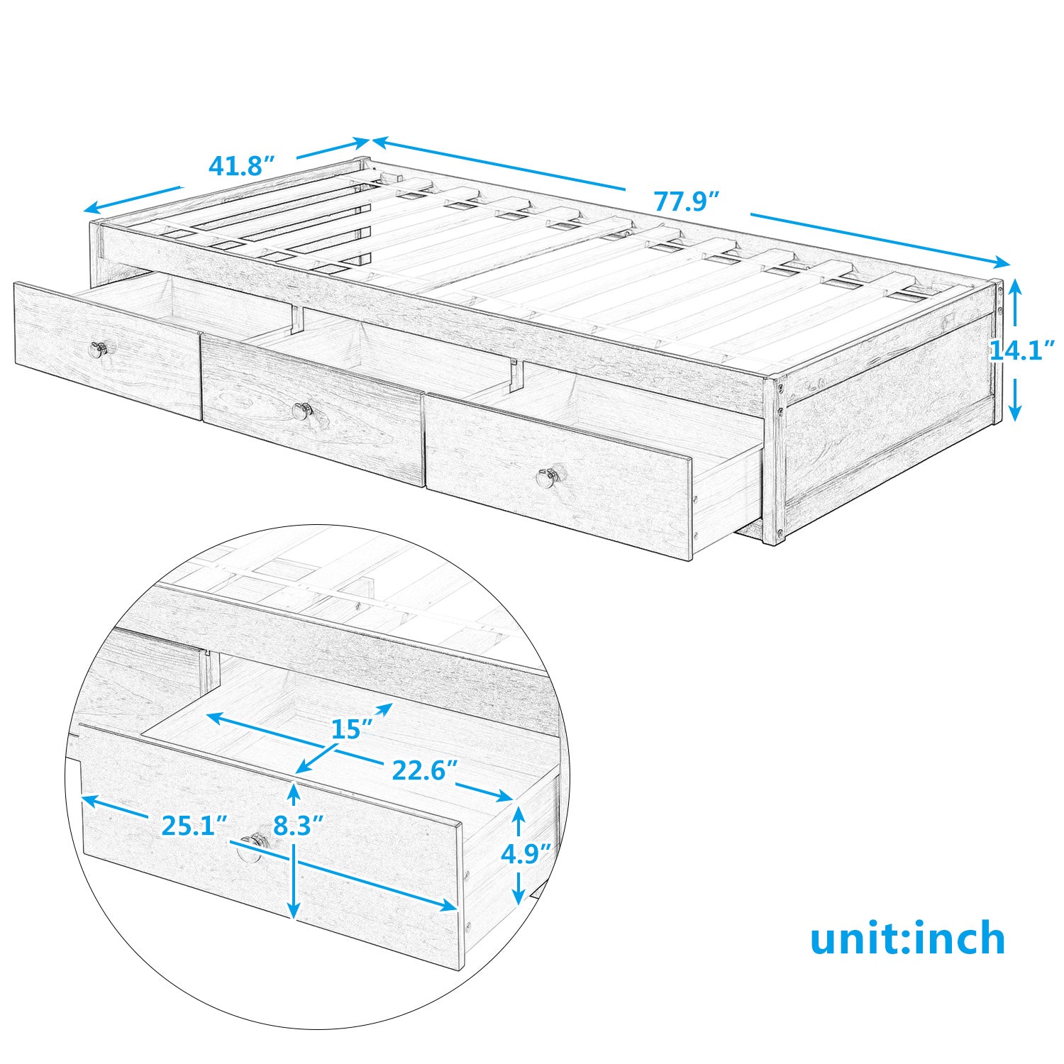 Twin Size Platform Storage Bed With 3 Drawers,White White Solid Wood