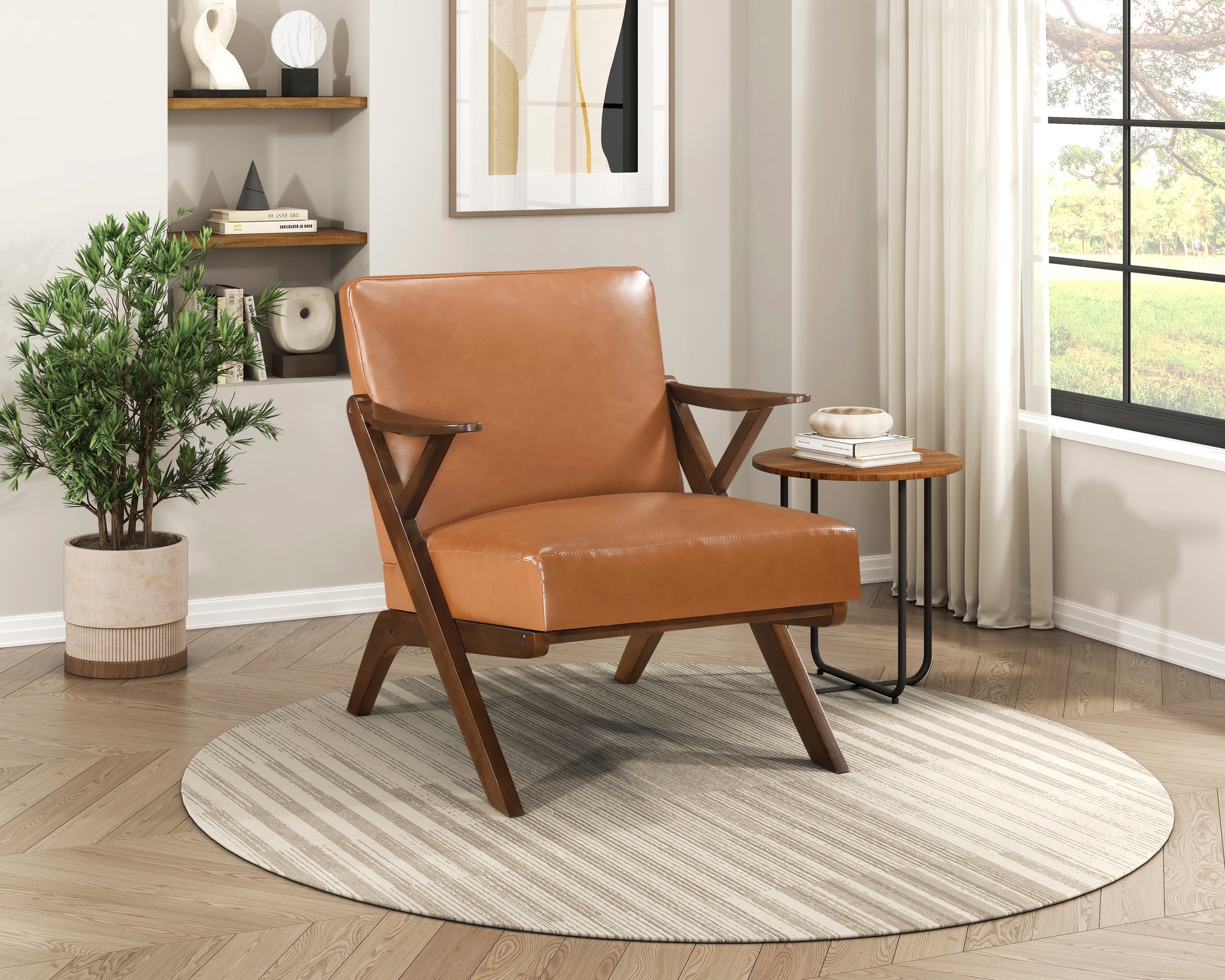 Brown Finish Solid Rubberwood Frame 1Pc Accent Chair Brown Faux Leather Upholstery Living Room Furniture Brown Primary Living Space Rubberwood Solid Wood
