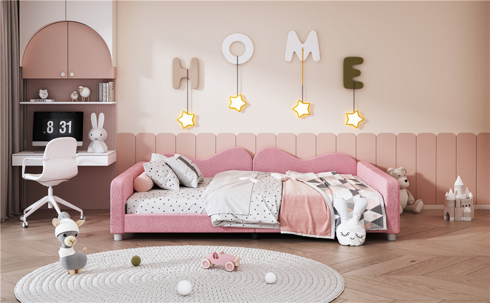 Full Size Upholstered Daybed, Sherpa Fabric Sofabed With Cloud Shaped Backrest, No Box Spring Needed, Pink Full Pink Wood Fabric