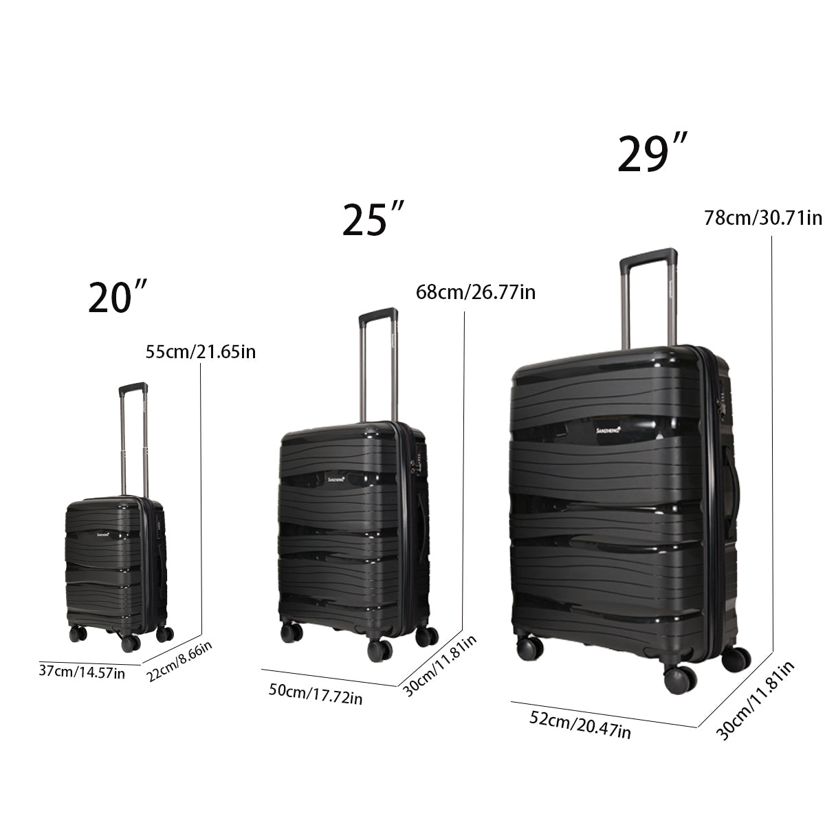 Pp Material Three Piece Luggage Set, Expandable, Lightweight Hard Luggage With Swivel Wheels And Password Lock, Stylish Luggage Set 20 Inches, 25 Inches, 29 Inches Black Polyethylene