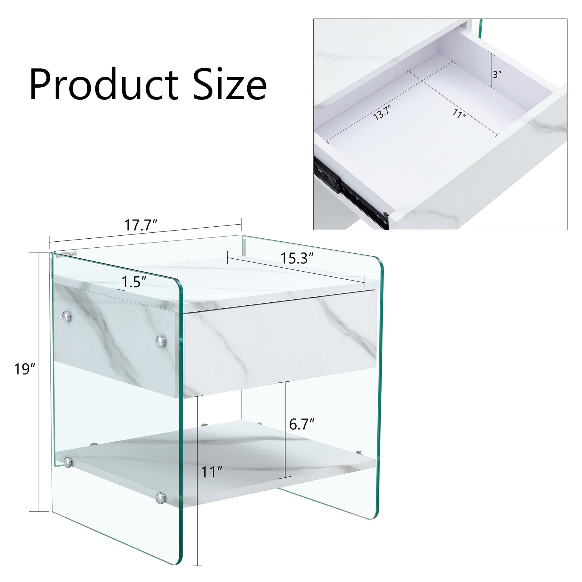 Bedside Table With Drawers. The Board Surface Is Mdf Sticker, And Both Sides Are Transparent Tempered Glass. The Design Is Simple And Elegant, With Excellent Storage Functions. White 1 Drawer Mdf Glass