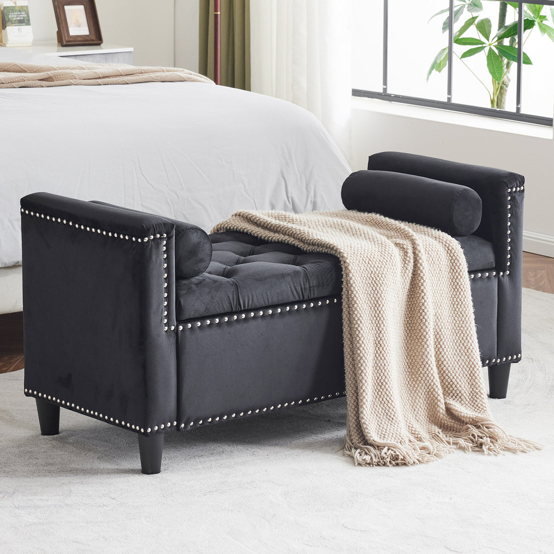 Storage Bench, 44.5 Inch Queen Velvet Button Bedside Bench, Entryway Living Room With Armrests, Trim, Upholstered Bedroom Bench, Bedside Ottoman, Living Room, Entryway, Black Nailheads Black White Velvet Primary Living Space Solid Black Modern Wood