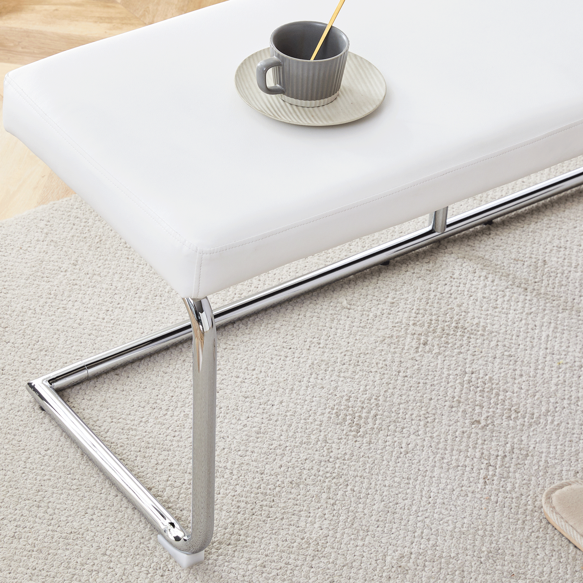 Table And Chair Set. Large Modern Rectangular Table With White Textured Top And Silver Metal Legs. Soft And Comfortable Pu Seats, Faux Leather Upholstered Seats And Sturdy Metal Legs. White Mdf Metal
