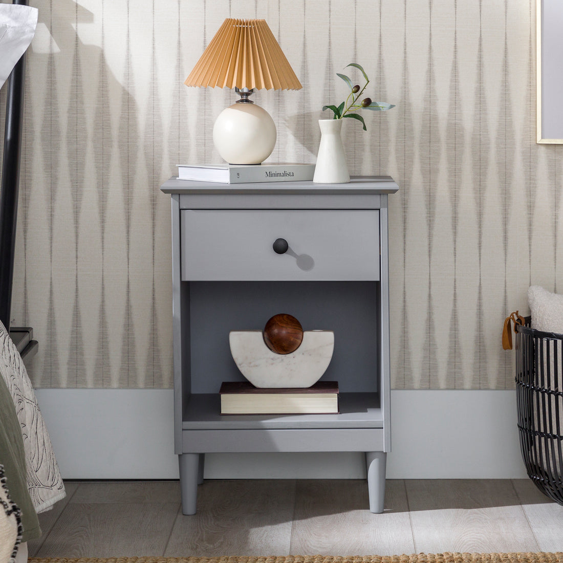 Classic 1 Drawer Solid Wood Nightstand With Cubby Grey Gray Mdf Pine