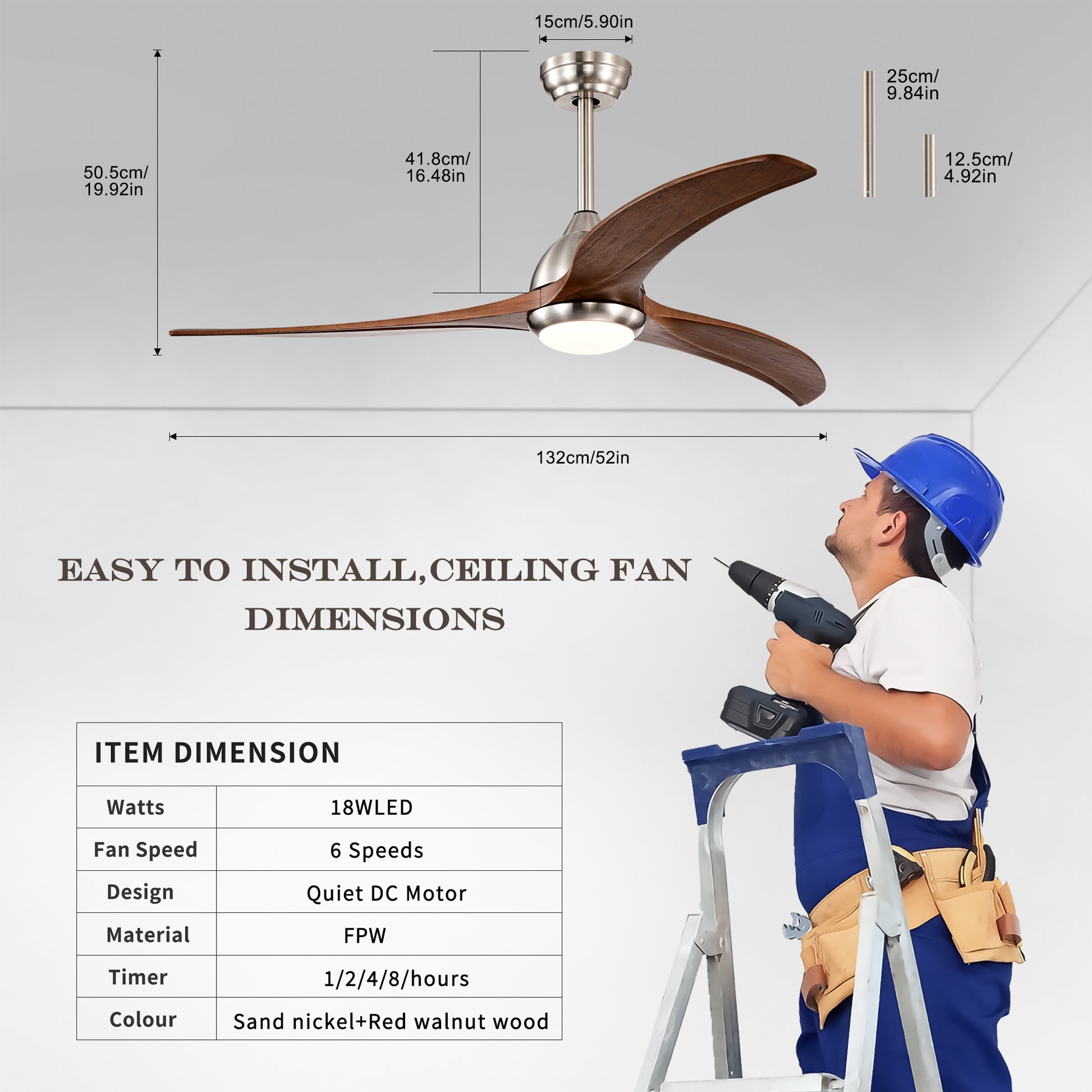 52" Ceiling Fan, Indoor Outdoor Ceiling Fan With Light With Remote Control, Noiseless Reversible Motor, 6 Speed ,3 Colorfor Patio Living Room, Bedroom, Office,Indoor. Stain Nickel Walnut Nickel Contemporary,Farmhouse,Industrial Wood Iron