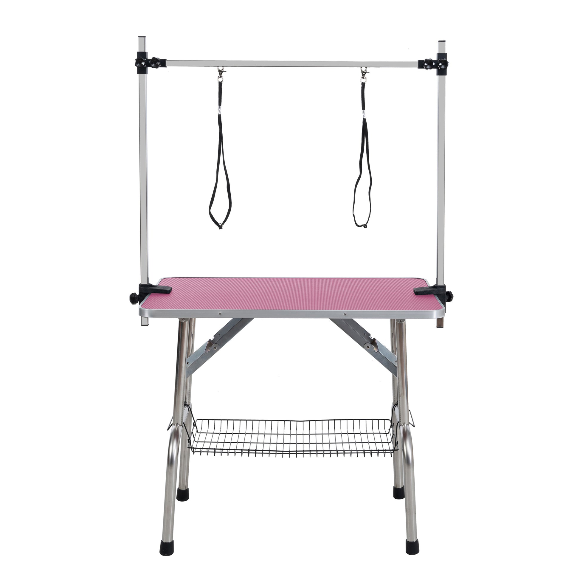 46" Folding Dog Pet Grooming Table Stainless Steel Frame Rubber Mat On Board With Adjustable Arm And Clamps Pet Dog Cat Grooming Table Pink Color Pink Rubber Stainless Steel