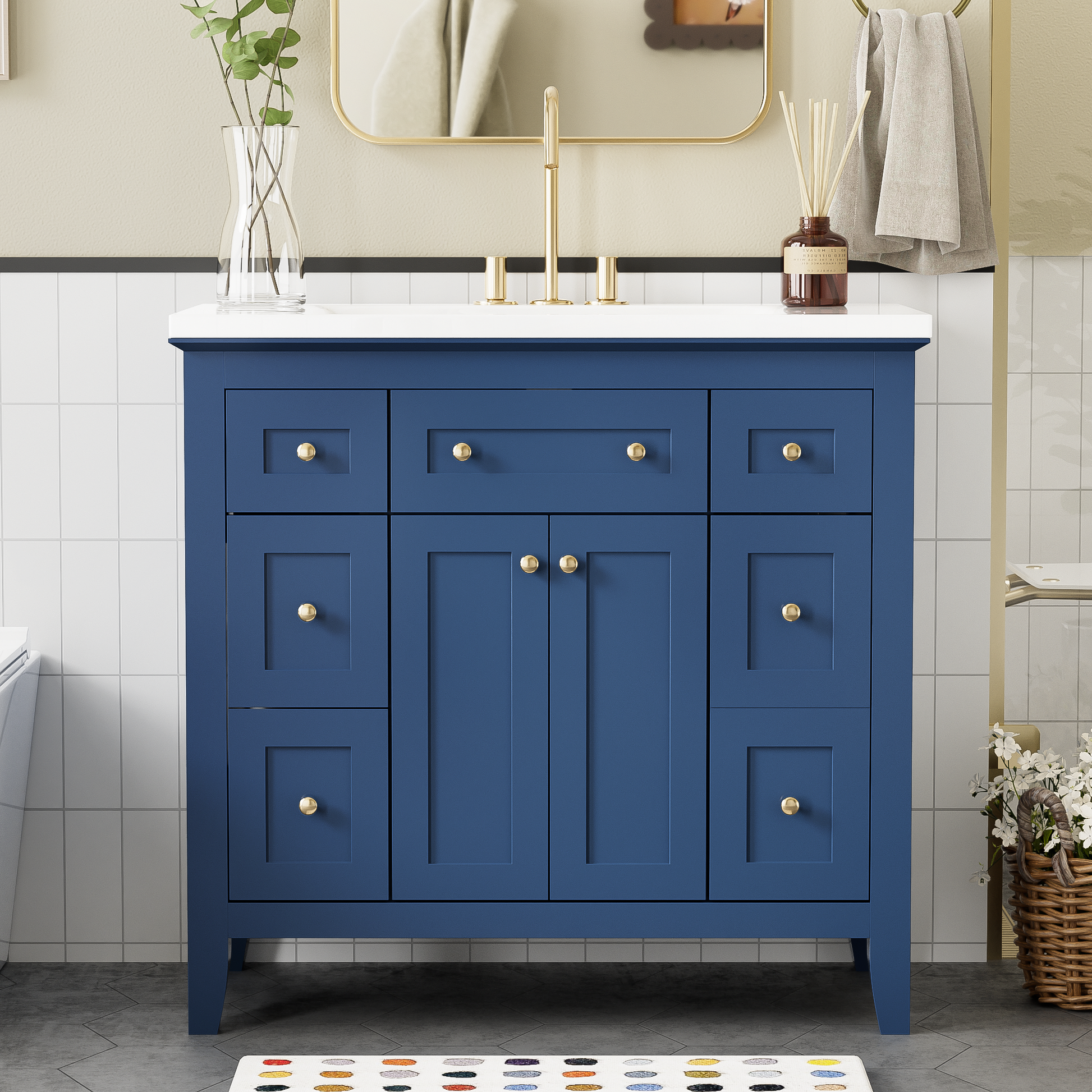 36'' Bathroon Vanity With Resin Sink Combo Set, Modern Freestanding Single Bathroom Cabinet With 6 Drawers & 2 Cabinets, Storage Cabinet For Bathroom, Solid Wood Frame Vanity Set, Blue 4 Blue 2 2 Bathroom Freestanding Solid Wood Mdf Resin Painted