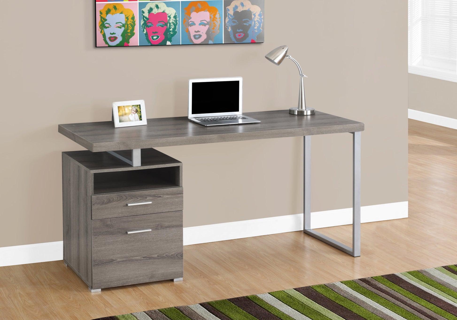 Computer Desk, Home Office, Laptop, Left, Right Set Up, Storage Drawers, 60"L, Work, Brown Laminate, Grey Metal, Contemporary, Modern Taupe Particle Board