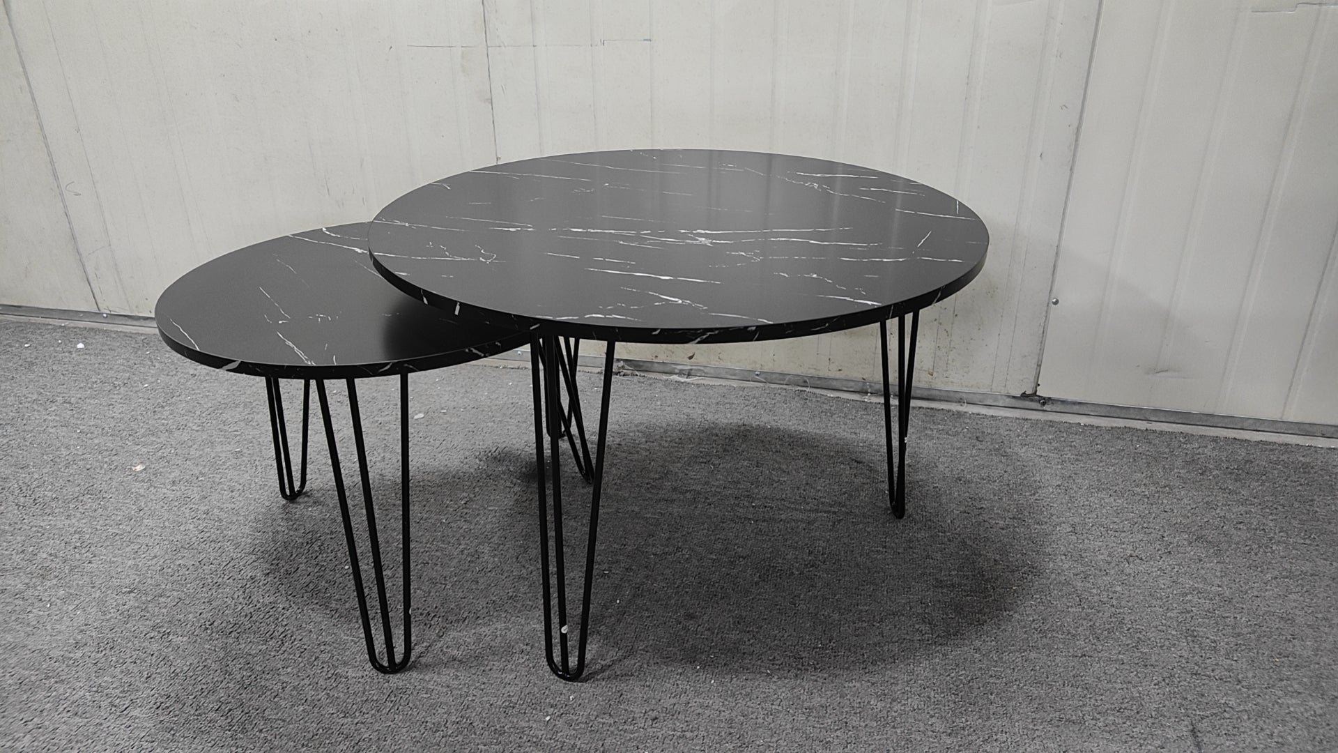 27.56'' Round Nesting Coffee Table Set Of 2, Circular Nesting End Table Set, Round Marble Tabletop, And Sturdy Metal Base For Living Room, Bedroom, Black Black Round Wood Metal