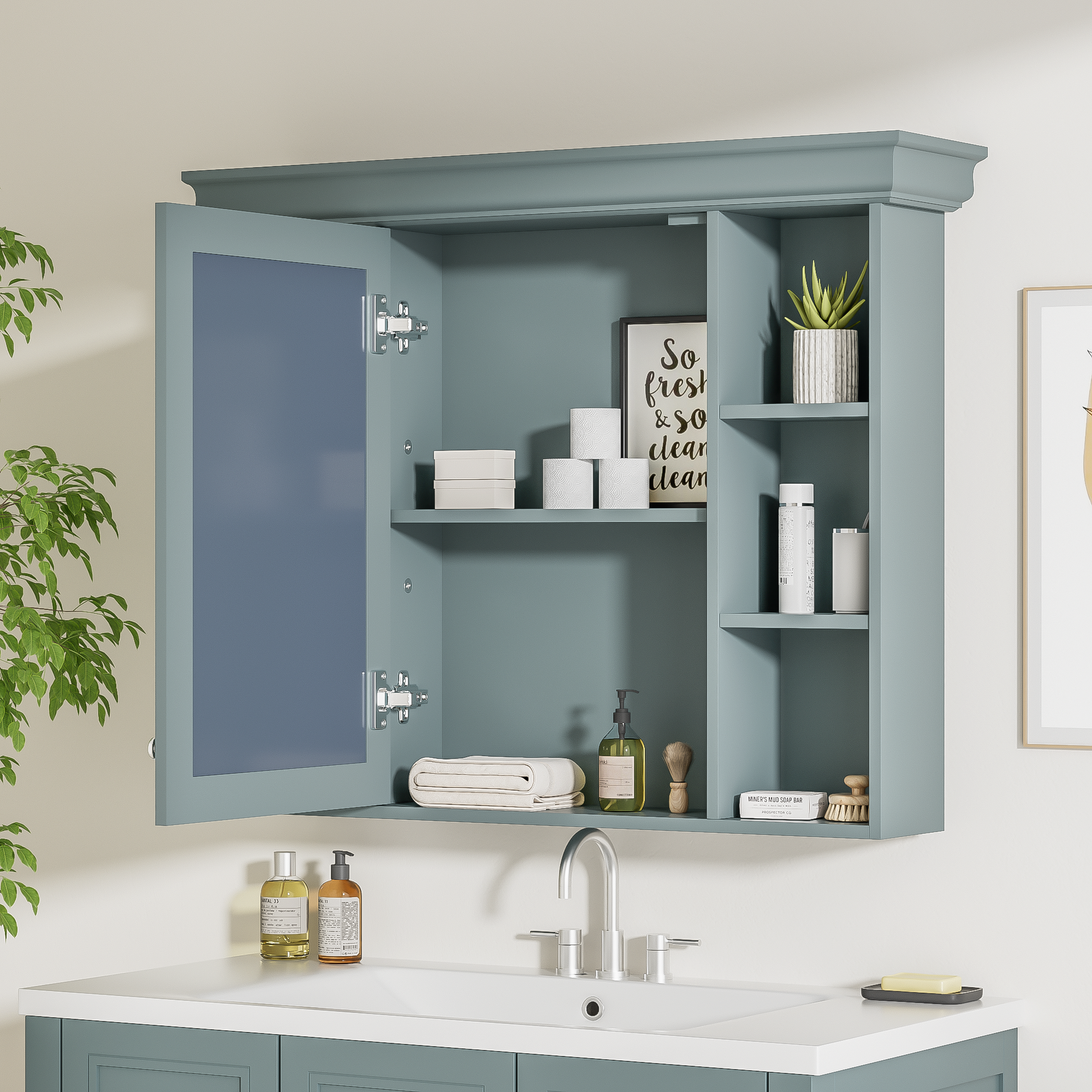 35'' X 28'' Blue Wall Mounted Bathroom Storage Cabinet With Mirror Door, Modern Bathroom Wall Cabinet With Mirror, Medicine Cabinet With 6 Open Shelves Blue 5 Adjustable Shelves Bathroom Wall Mounted Mdf Painted