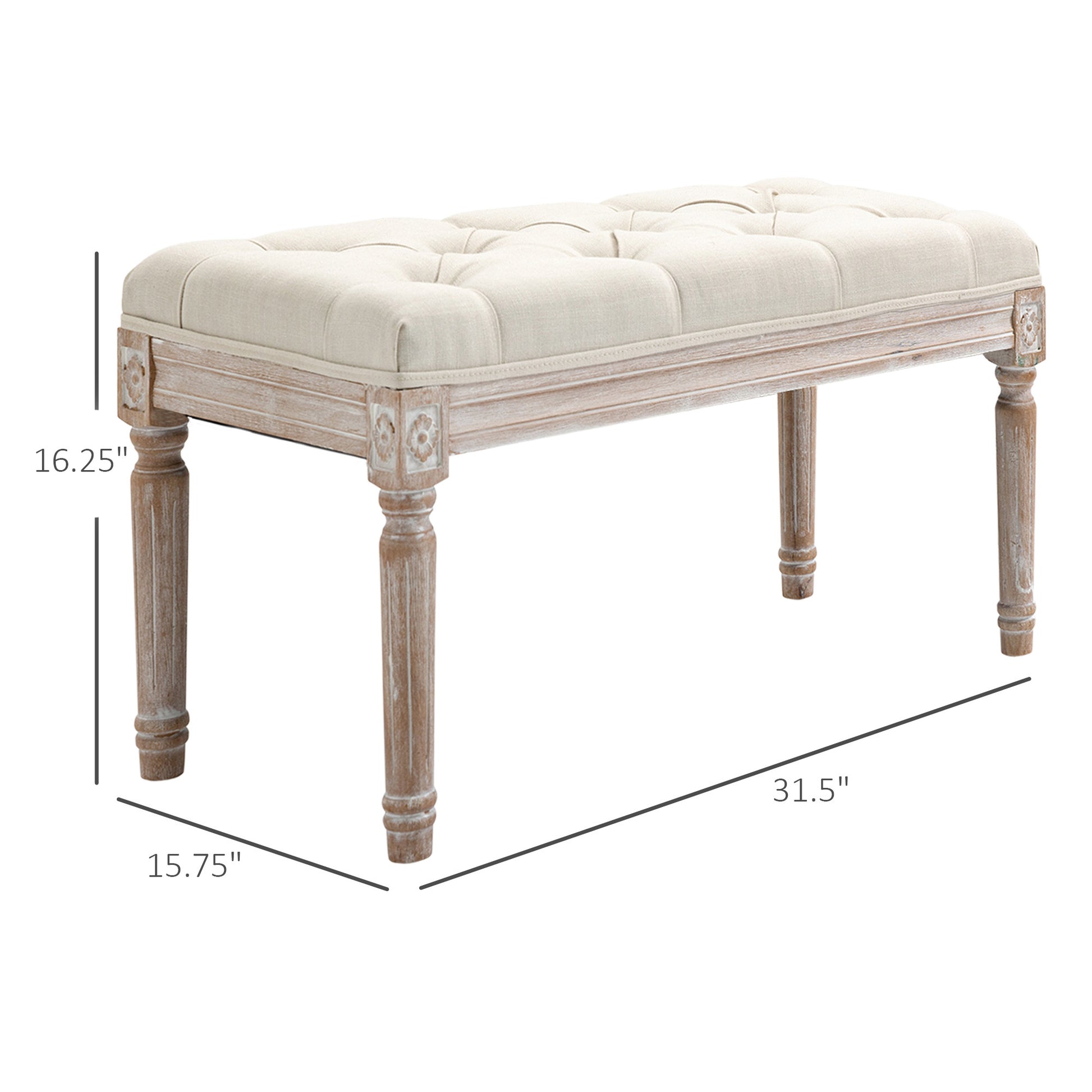 Homcom 32" Vintage Ottoman, Tufted Foot Stool With Upholstered Seat, Rustic Wood Legs For Bedroom, Living Room, Beige Beige Linen