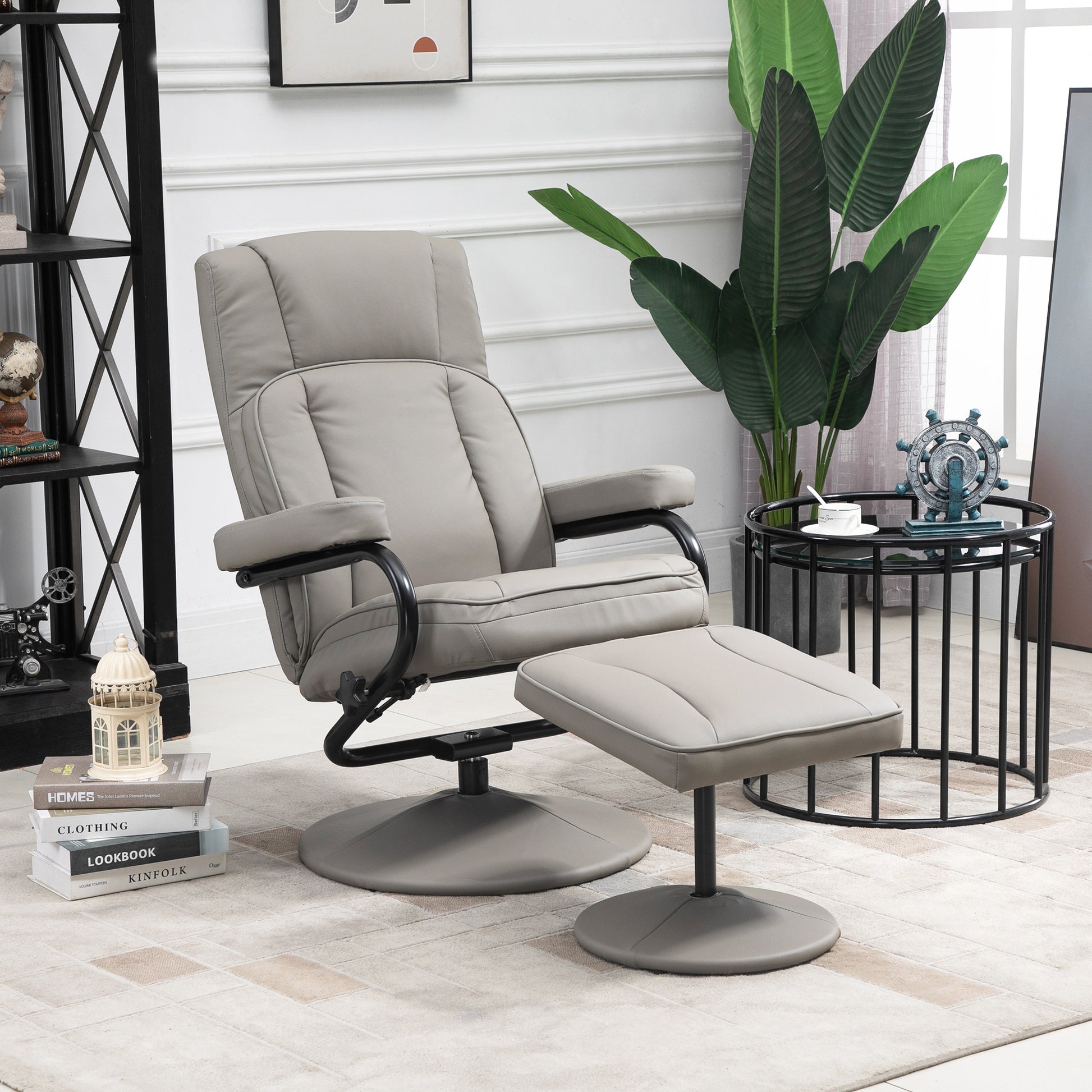 Homcom Swivel Recliner, Manual Pu Leather Armchair With Ottoman Footrest For Living Room, Office, Bedroom, Grey Grey Steel