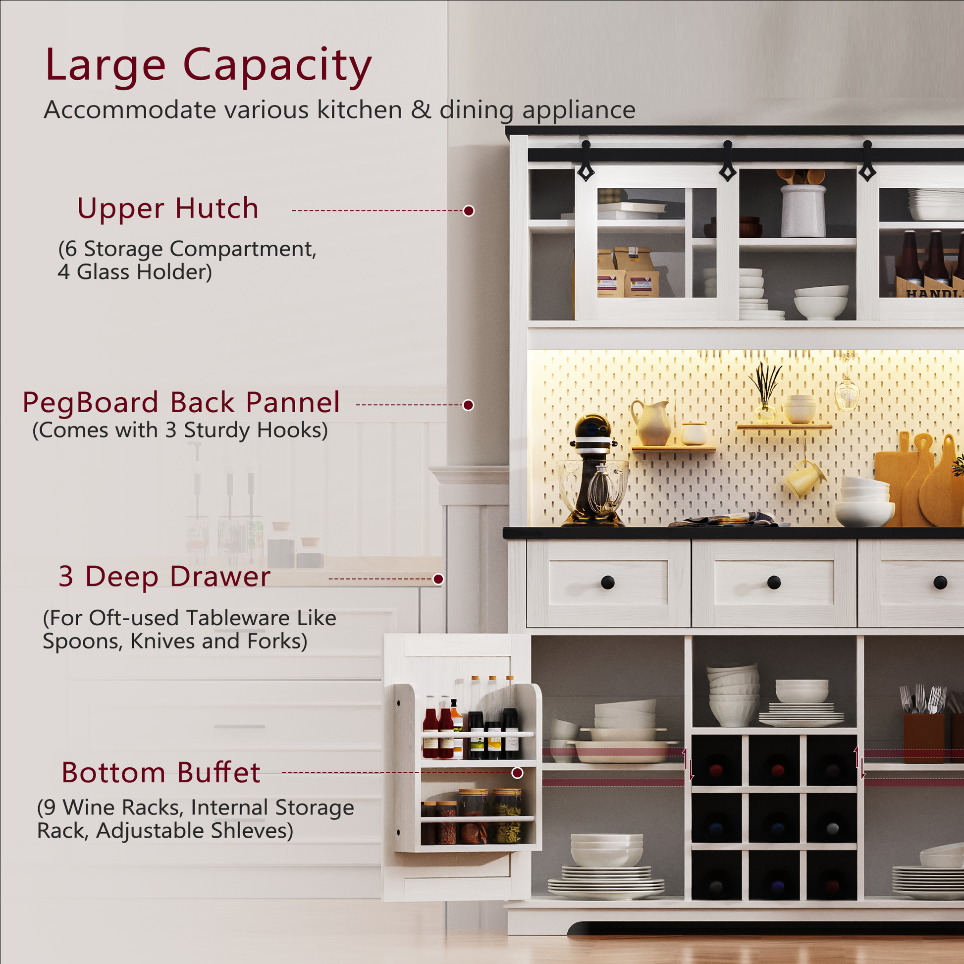 K&K 71" Farmhosue Pantry Bar Cabinet With Internal Storage Rack,Kitchen Cabinet With Hutch,Sliding Door,Power Outlet,Pegboard,Wine & Glasses Rack,3 Drawers,Rustic Coffee Bar Storage Cabinet,White Oak White Oak White Kitchen American Design,American