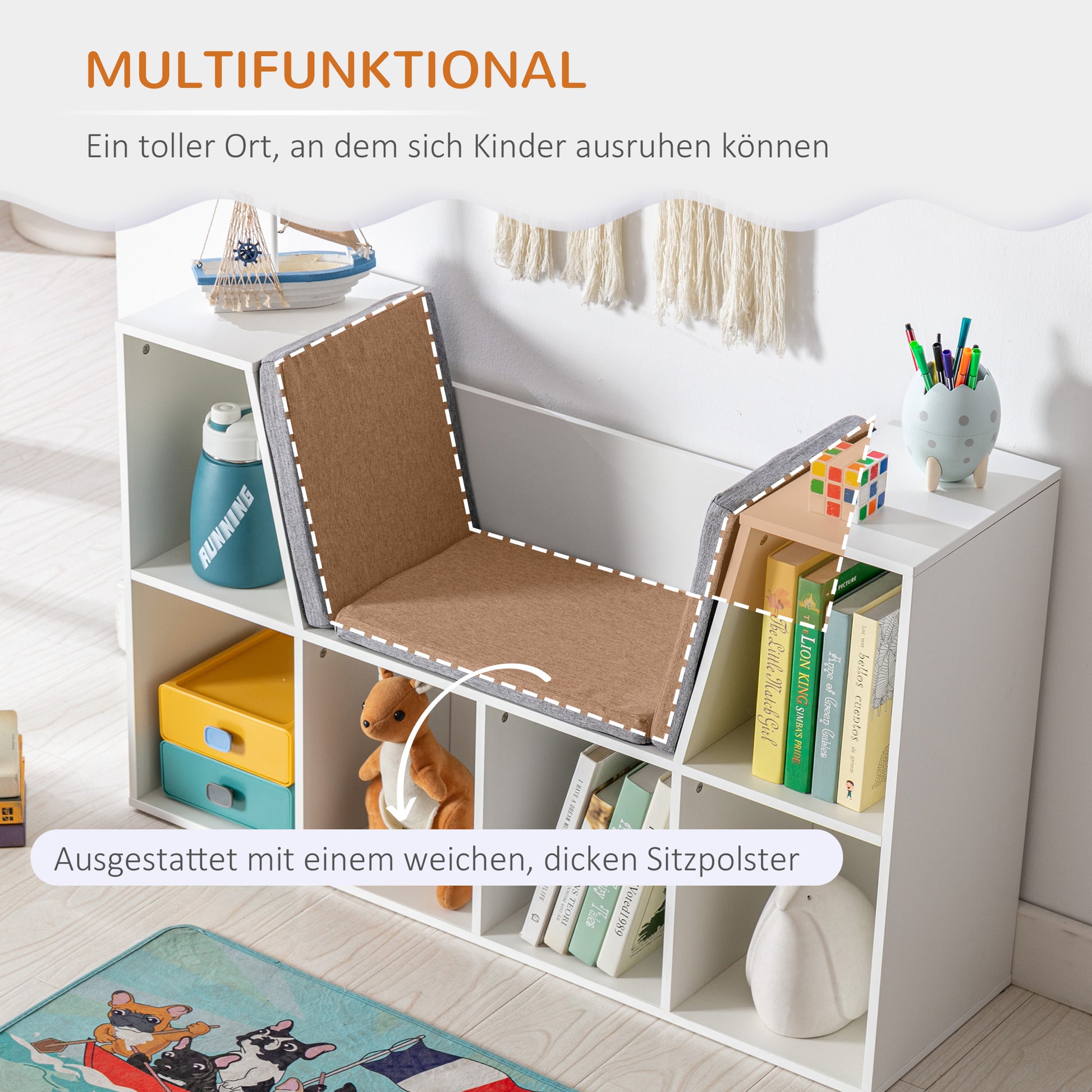 Homcom 6 Cubby Kids Bookcase With Reading Nook And Cushion, Multi Purpose Storage Organizer For Bedroom, Living Room, Pure White White Mdf