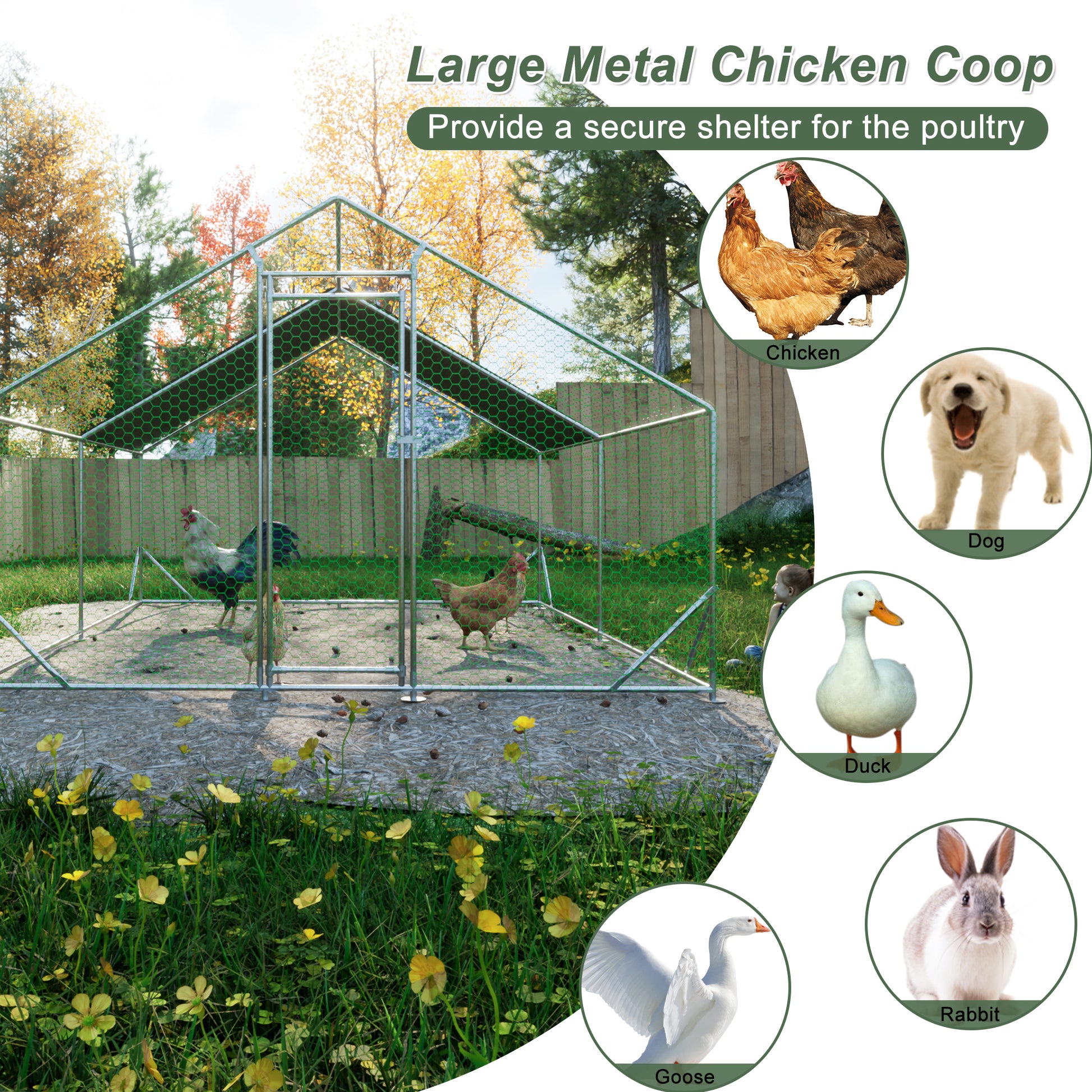 Large Metal Chicken Coop, Walk In Chicken Run,Galvanized Wire Poultry Chicken Hen Pen Cage, Rabbits Duck Cages With Waterproof And Anti Ultraviolet Cover For Outside 10' L X 13 W X 6.56' H Silver Metal