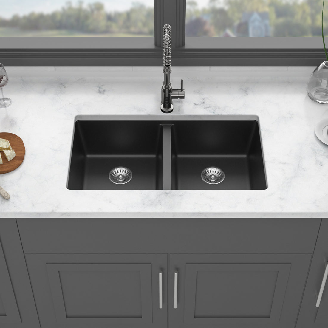 Quartz Kitchen Sink 33X19" Black Granite Composite Undermount Kitchen Sink Double Bowl 50 50 Black Quartz