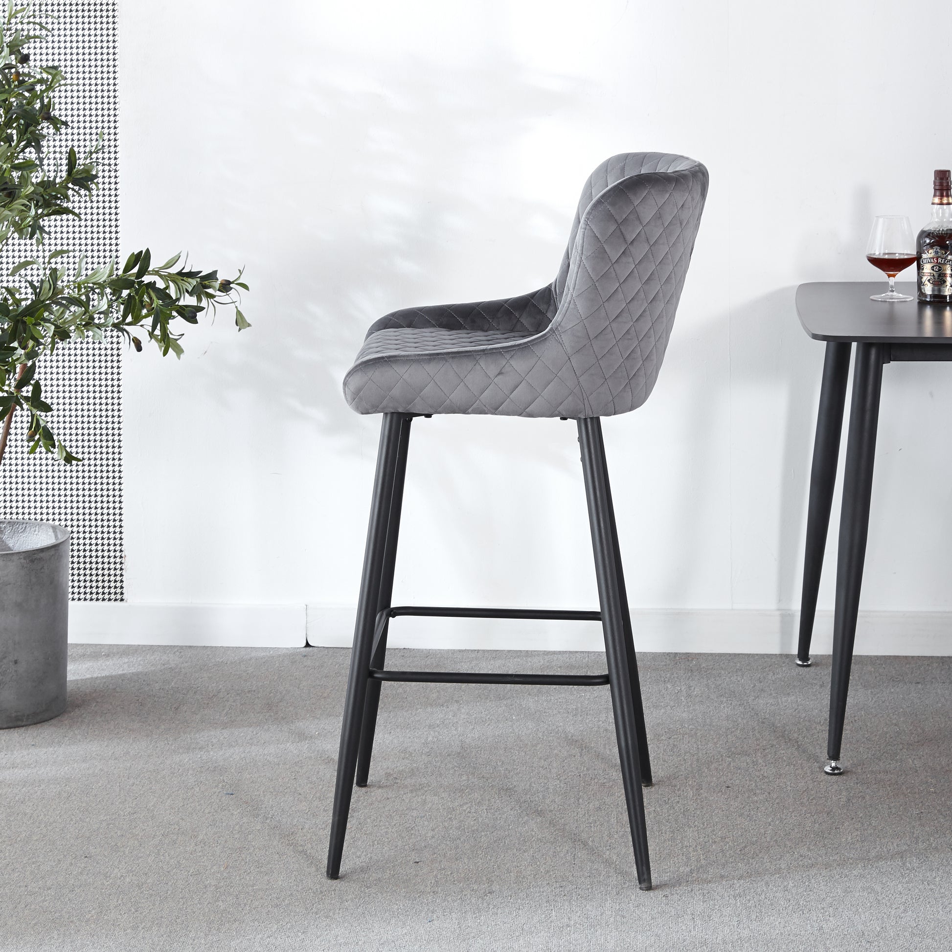 Counter Height Bar Stool,Set Of 2, Black Metal Legs, Velvet Upholstered For Pub, Restaurant, Kitchen Island Dark Grey Dark Grey Fabric Metal