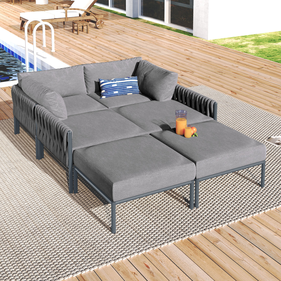 6 Pieces Aluminum Patio Furniture Set, Modern Metal Outdoor Conversation Set Sectional Sofa With Removable Olefin Extra Thick Cushions 5.9" Cushion, Grey Yes Complete Patio Set Gray Seats 6 Weather Resistant Frame Garden & Outdoor